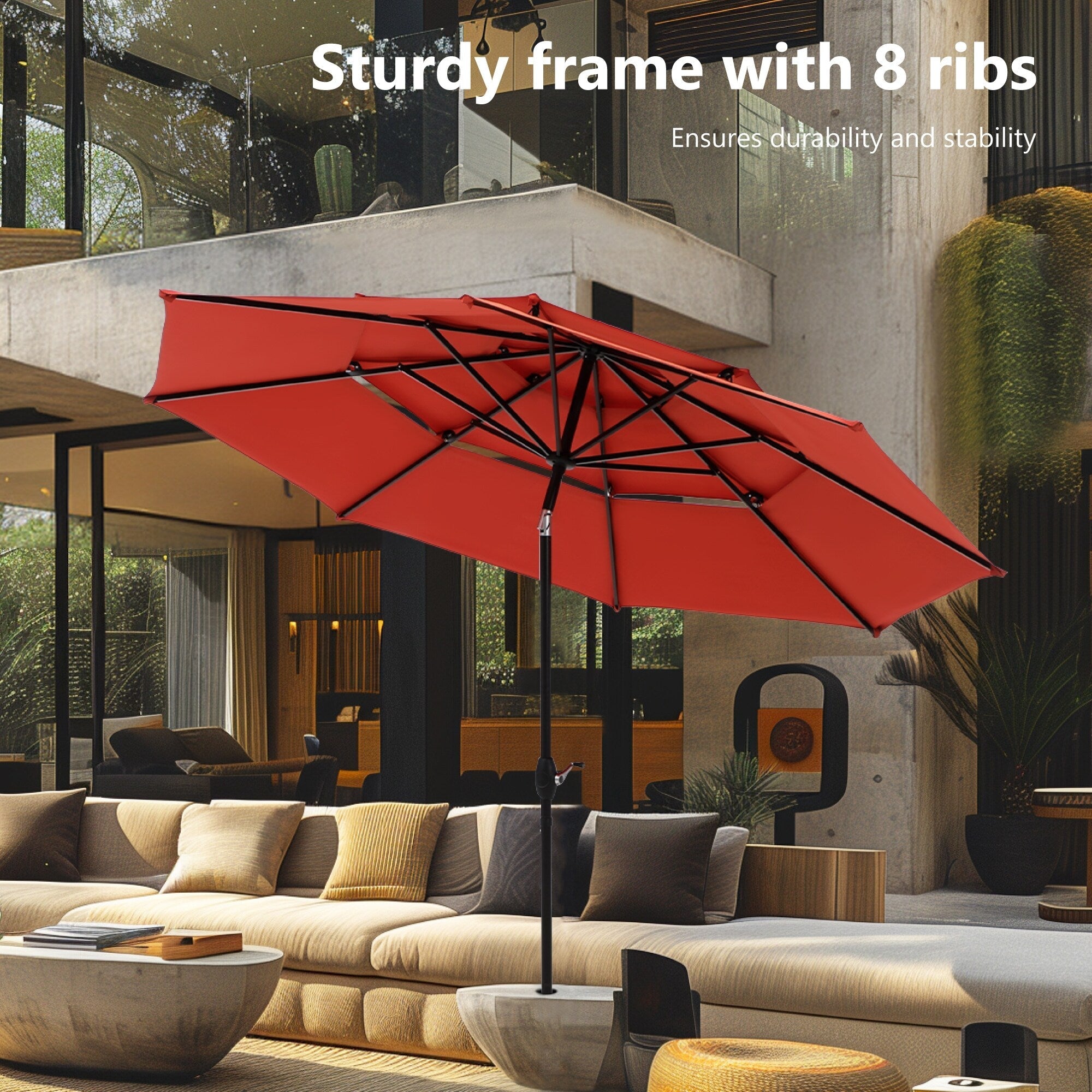 Parasol de terrasse inclinable à 3 niveaux de 10 pieds de MAISON ARTS, parasol d'extérieur à double ventilation avec lumières LED