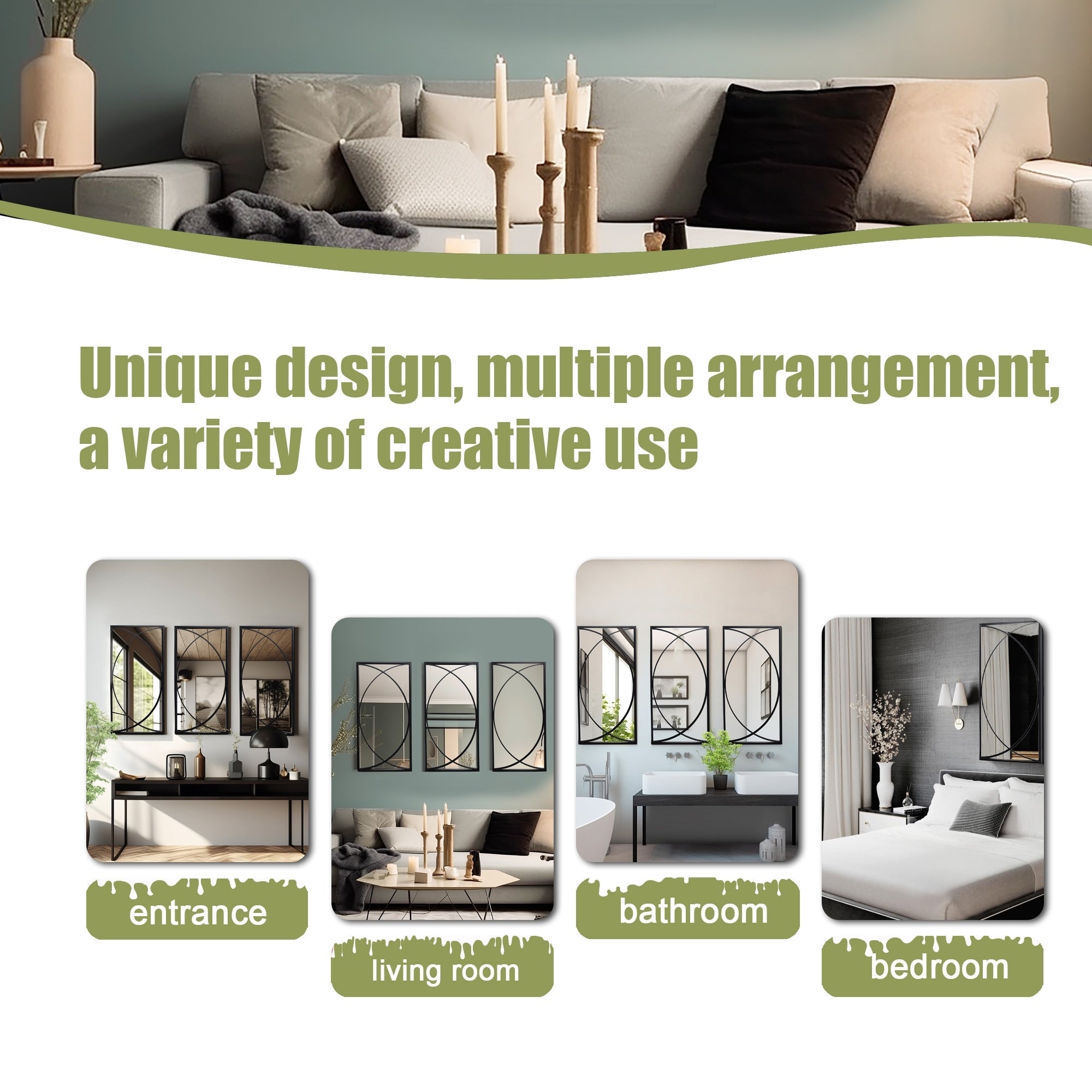 Ensemble de 3 miroirs muraux rectangulaires en métal noir - 31,9 H x 15,75 L x 0,75 P