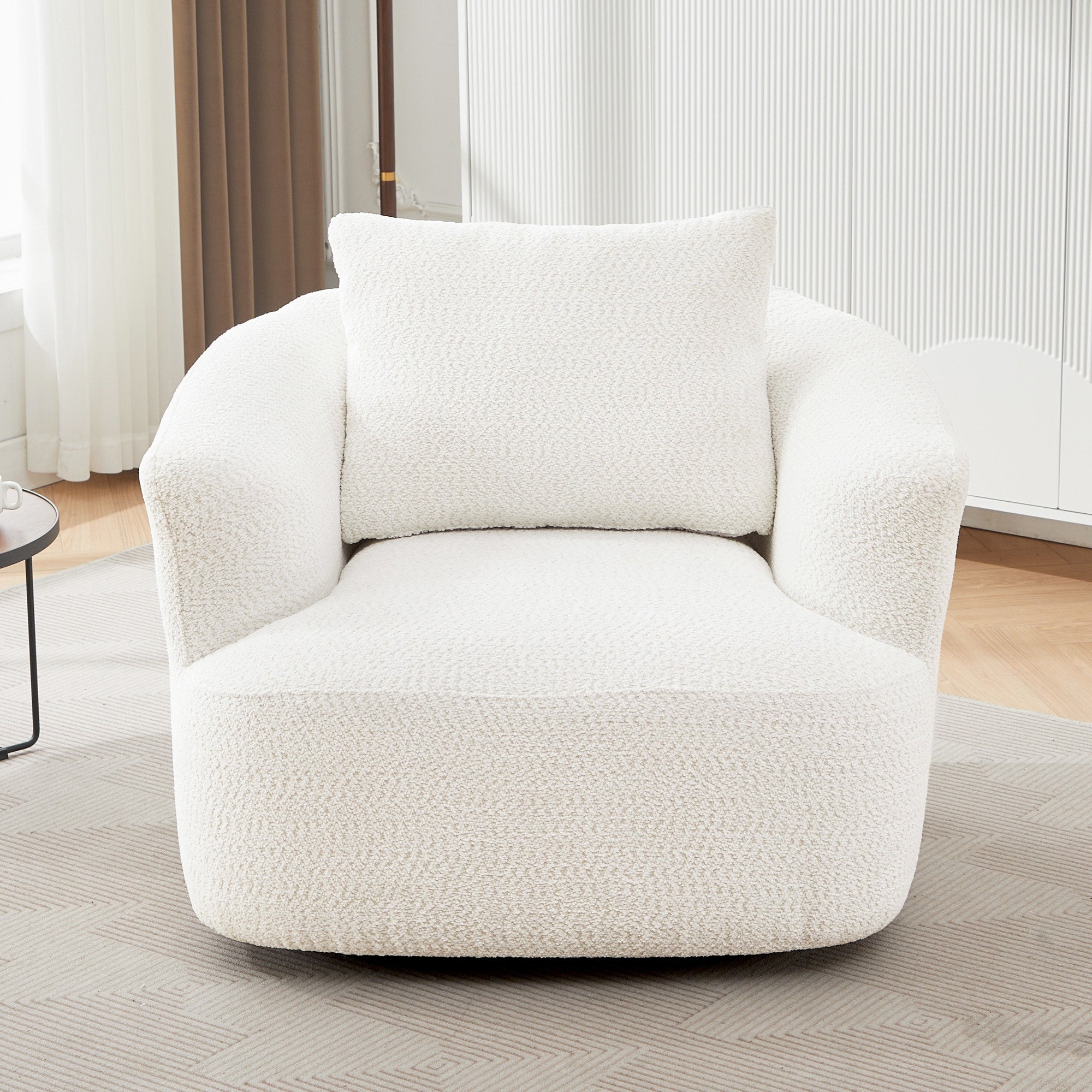 Fauteuil pivotant à 360°, fauteuil d'appoint Boucle 38,2 avec coussin décoratif, fauteuil tonneau rembourré avec accoudoirs incurvés