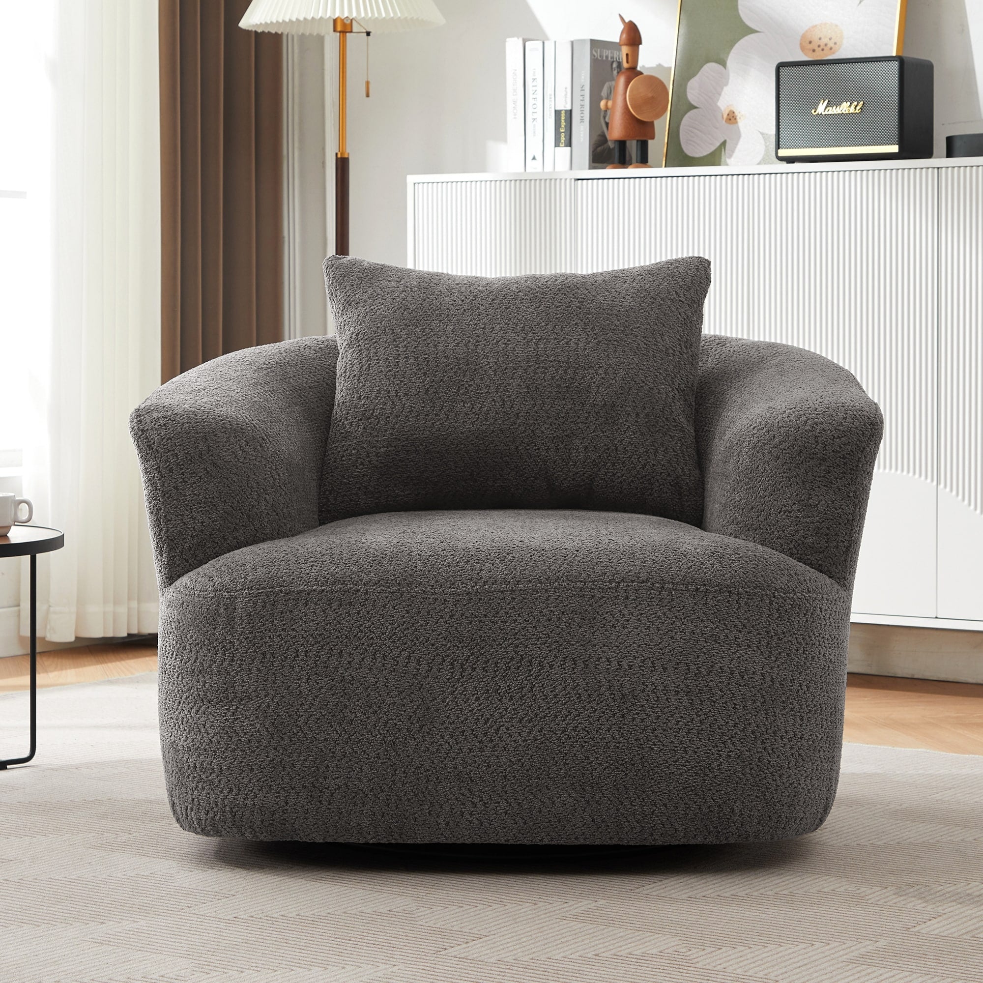 Fauteuil pivotant à 360°, fauteuil d'appoint Boucle 38,2 avec coussin décoratif, fauteuil tonneau rembourré avec accoudoirs incurvés