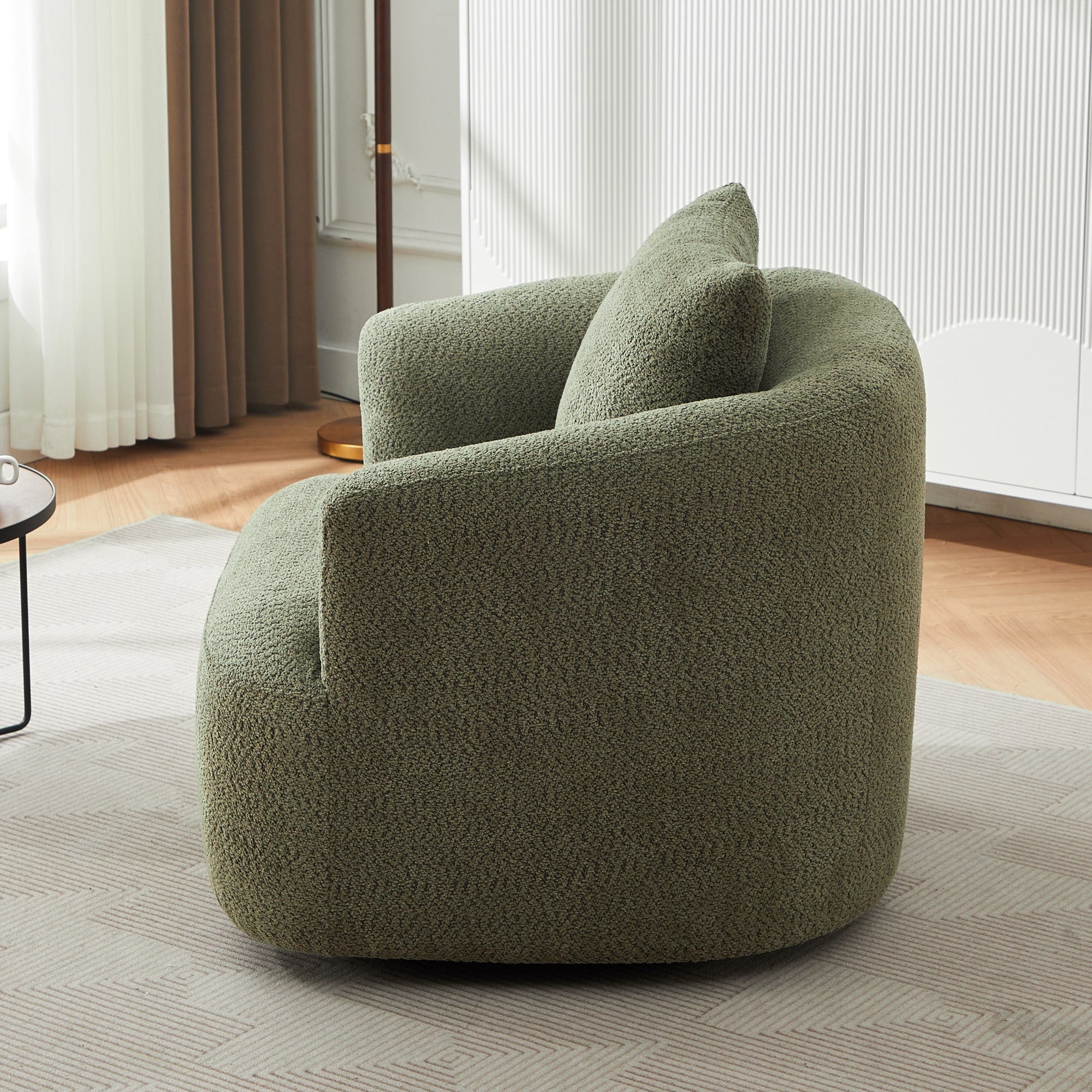 Fauteuil pivotant à 360°, fauteuil d'appoint Boucle 38,2 avec coussin décoratif, fauteuil tonneau rembourré avec accoudoirs incurvés