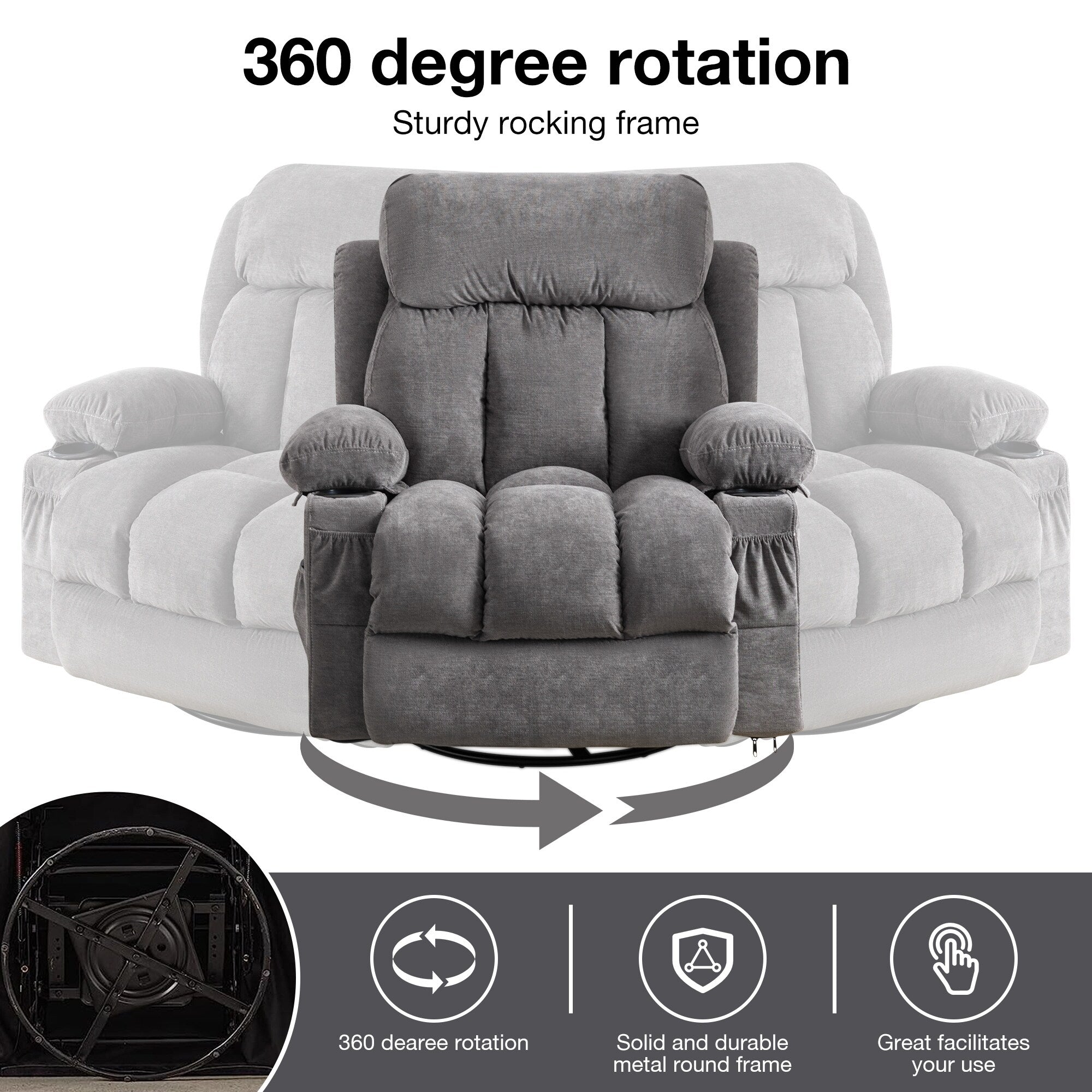 Fauteuil inclinable pivotant à 360° avec massage, chauffage, port USB et porte-gobelets