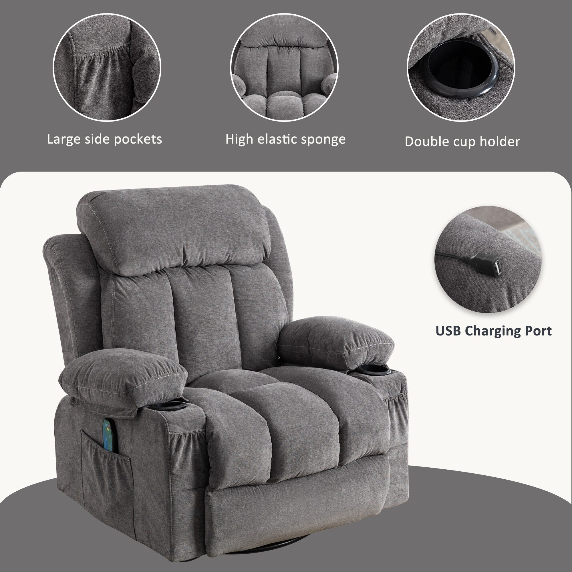 Fauteuil inclinable pivotant à 360° avec massage, chauffage, port USB et porte-gobelets