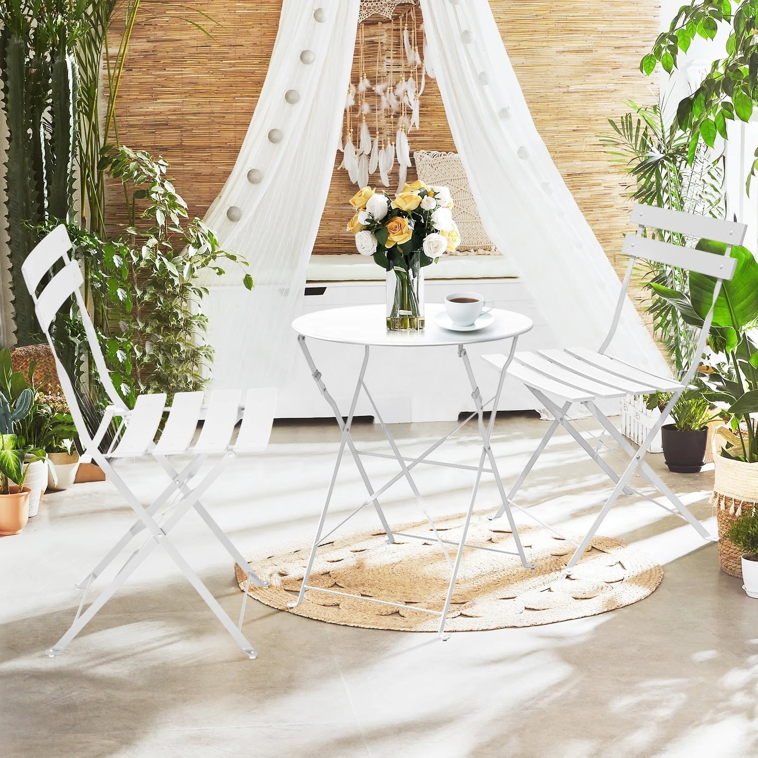 Ensemble bistrot pliant en métal 3 pièces, résistant aux intempéries, pour l'extérieur et l'intérieur, idéal pour la terrasse, la cour et le jardin.