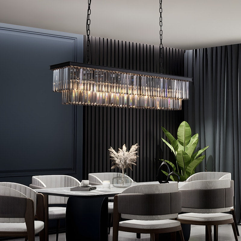 Lustre contemporain en cristal gris fumé et noir de 47 po, design linéaire à deux niveaux, luminaire suspendu pour îlot de cuisine et salle à manger.