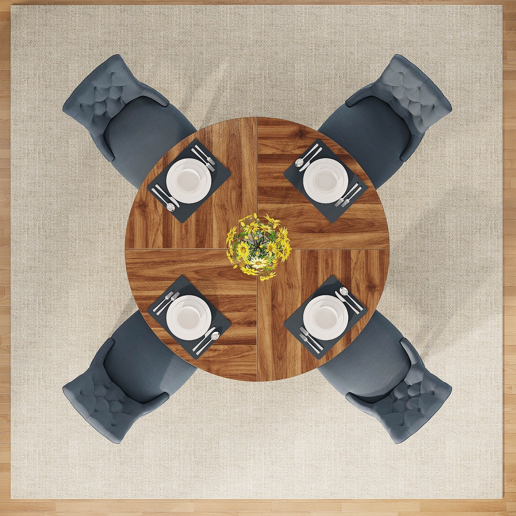 Table à manger ronde 47 pouces pour 4 personnes, table de cuisine de style campagnard, petite table à dîner en bois pour salle à manger et salon