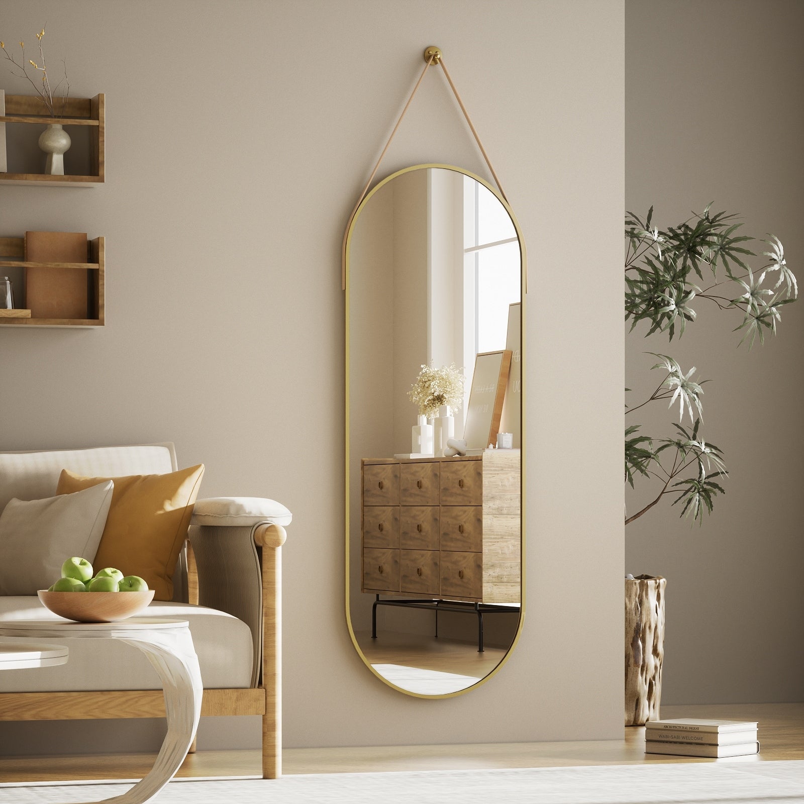 Miroir mural suspendu pleine longueur 48 x 16 avec sangle en cuir