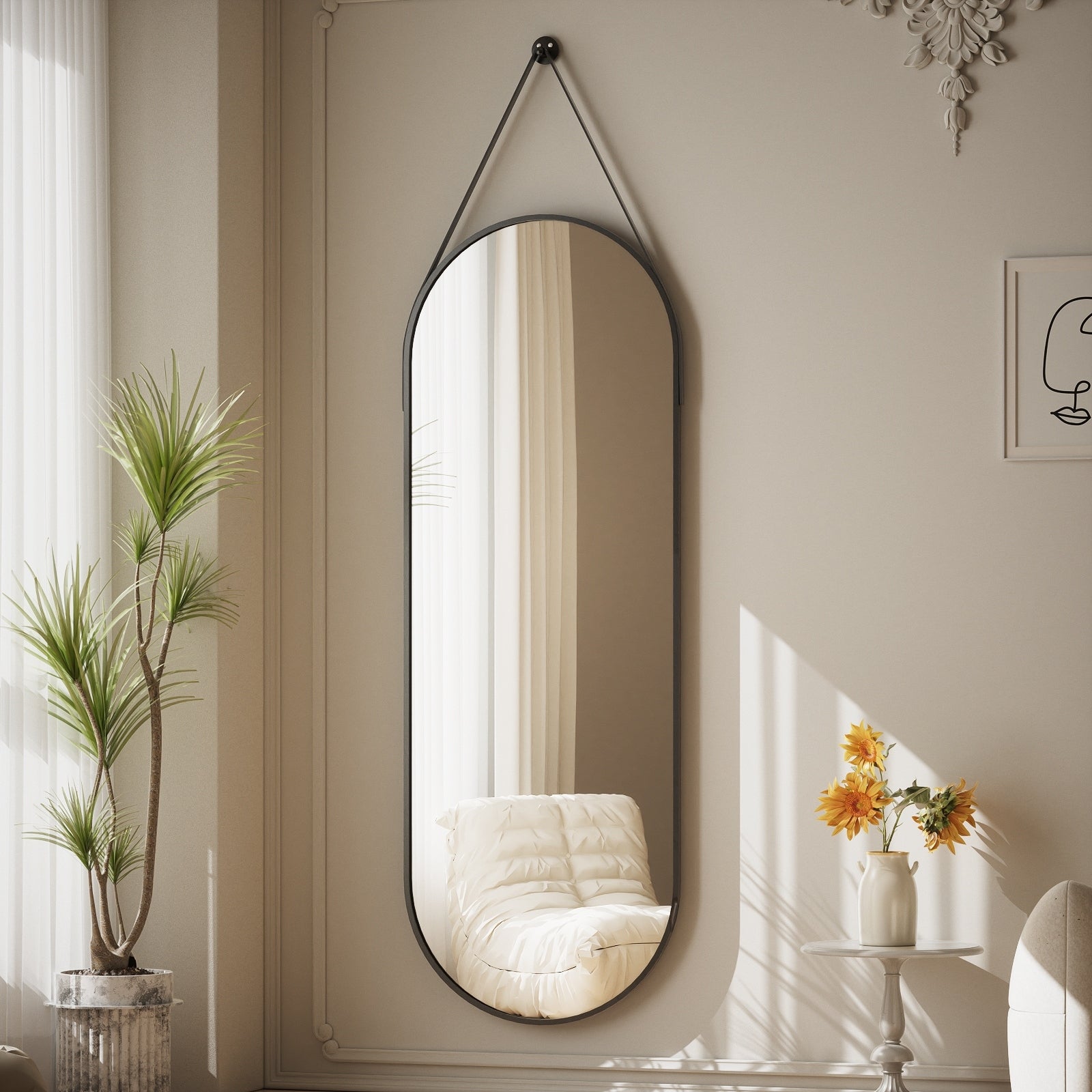 Miroir mural suspendu pleine longueur 48 x 16 avec sangle en cuir