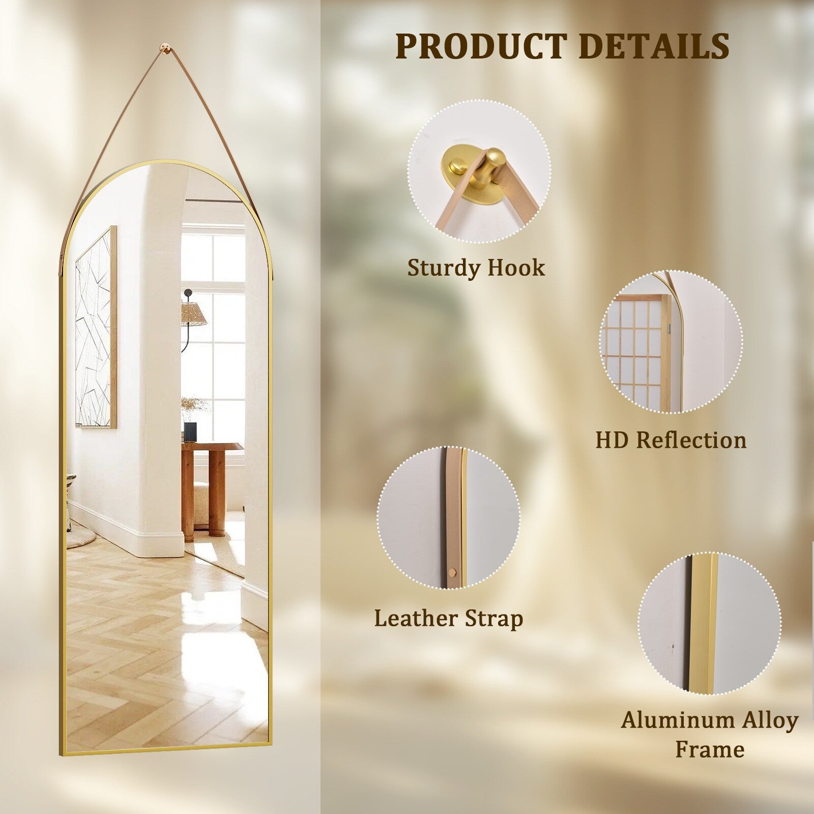 Miroir mural suspendu pleine longueur 48 x 16 avec sangle en cuir