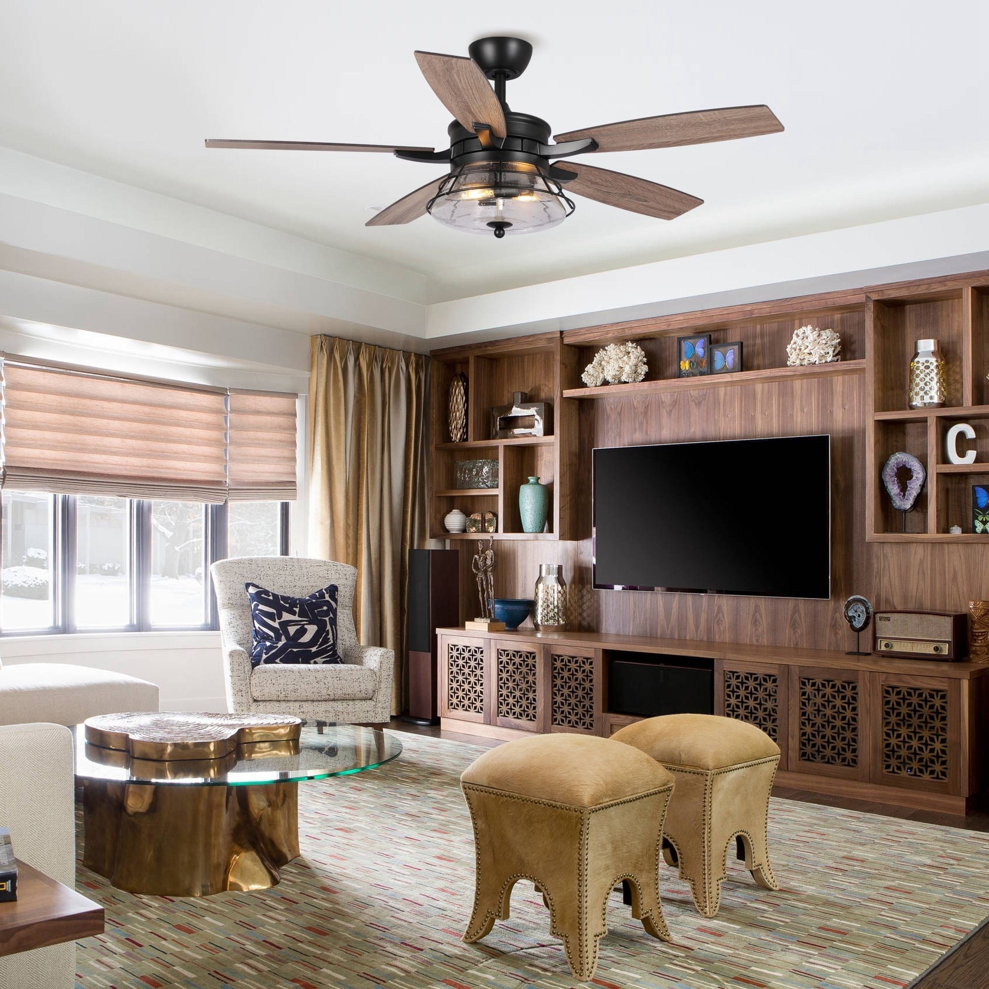 Ventilateur de plafond décoratif industriel en verre grainé noir de 52 pouces avec télécommande et kit d'éclairage