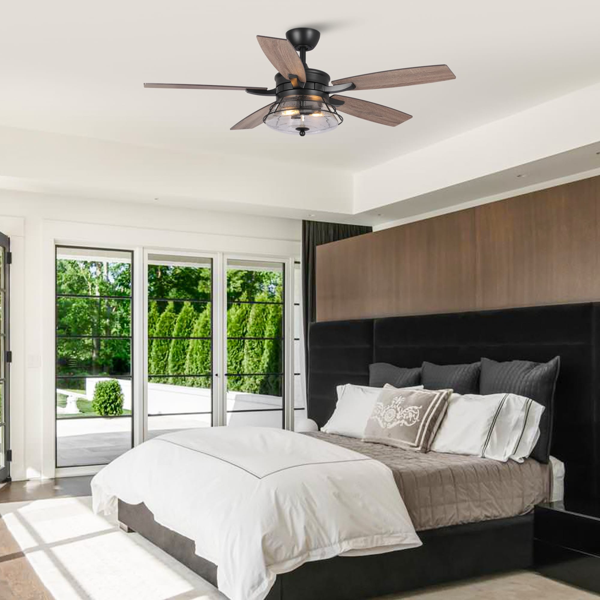 Ventilateur de plafond décoratif industriel en verre grainé noir de 52 pouces avec télécommande et kit d'éclairage