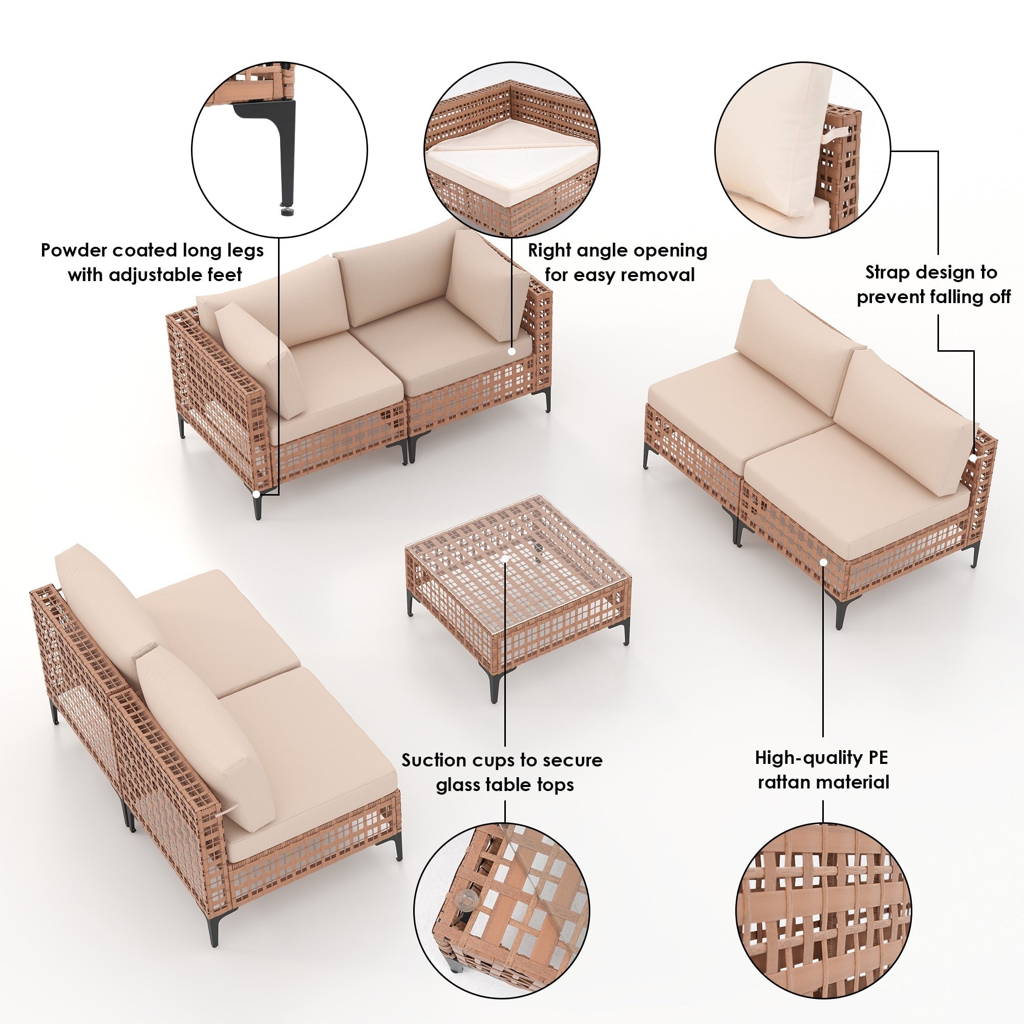 Ensemble de sièges d'extérieur sectionnels pour 6 personnes avec coussins