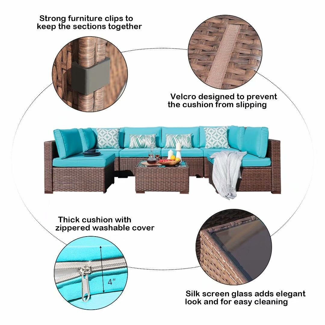 Ensemble de canapés d'extérieur sectionnels rembourrés en osier et acier, 7 pièces