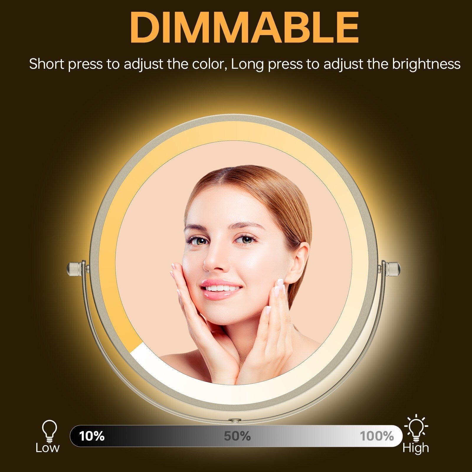 Miroir de maquillage mural rond de 8 pouces, rechargeable, grossissement 1x/10x, 3 lumières colorées