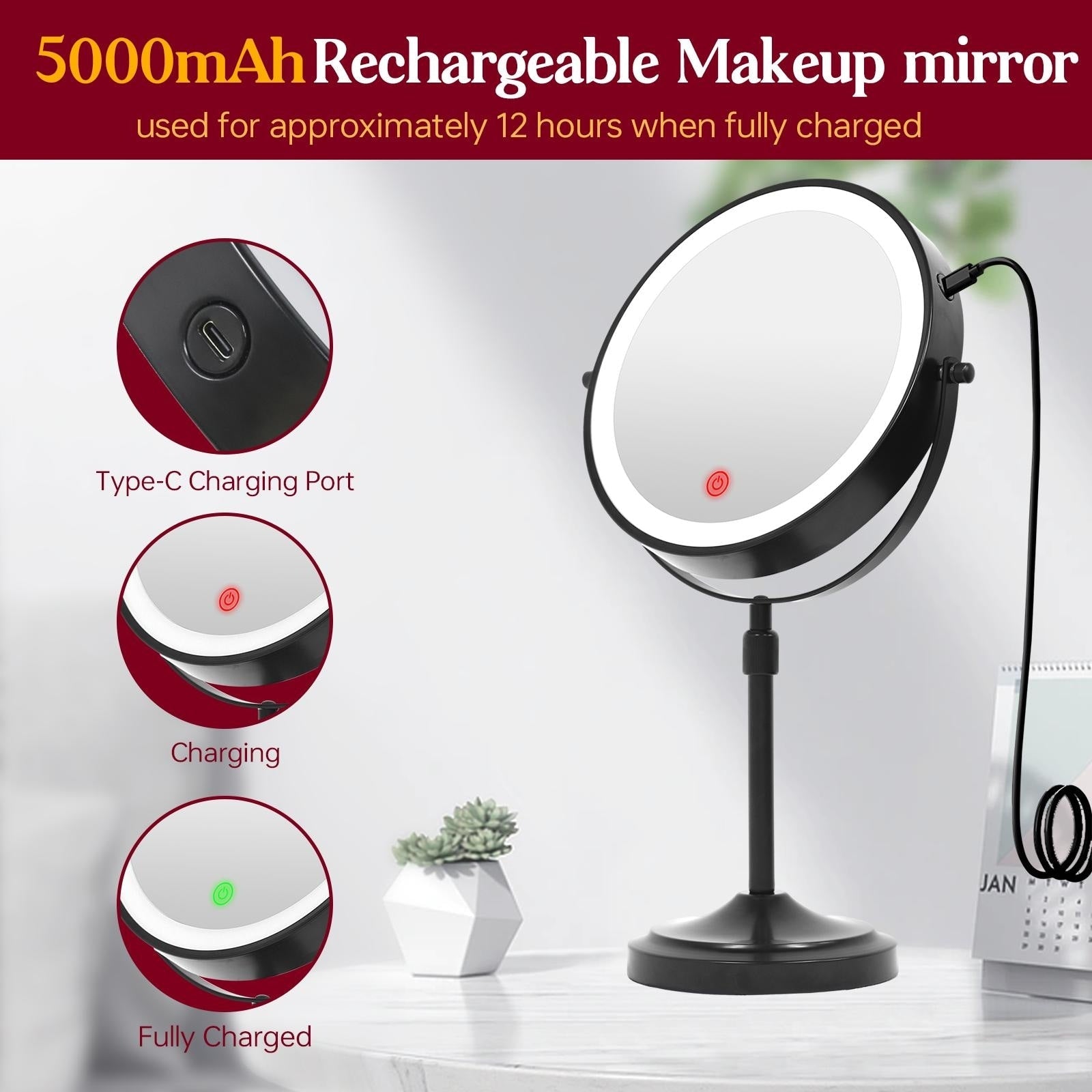 Miroir de maquillage éclairé à 9 LED, miroir grossissant double face avec grossissement 1X/10x, 3 couleurs d'éclairage