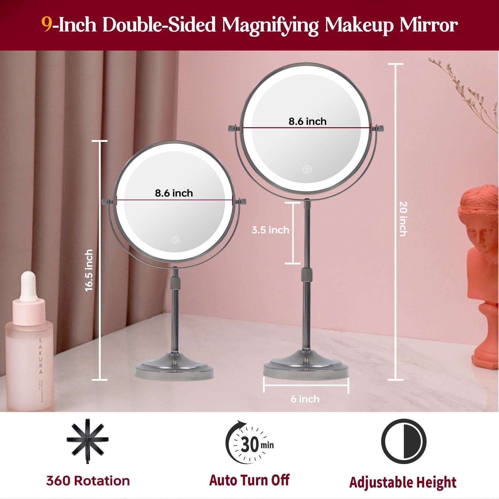 Miroir de maquillage éclairé à 9 LED, miroir grossissant double face avec grossissement 1X/10x, 3 couleurs d'éclairage