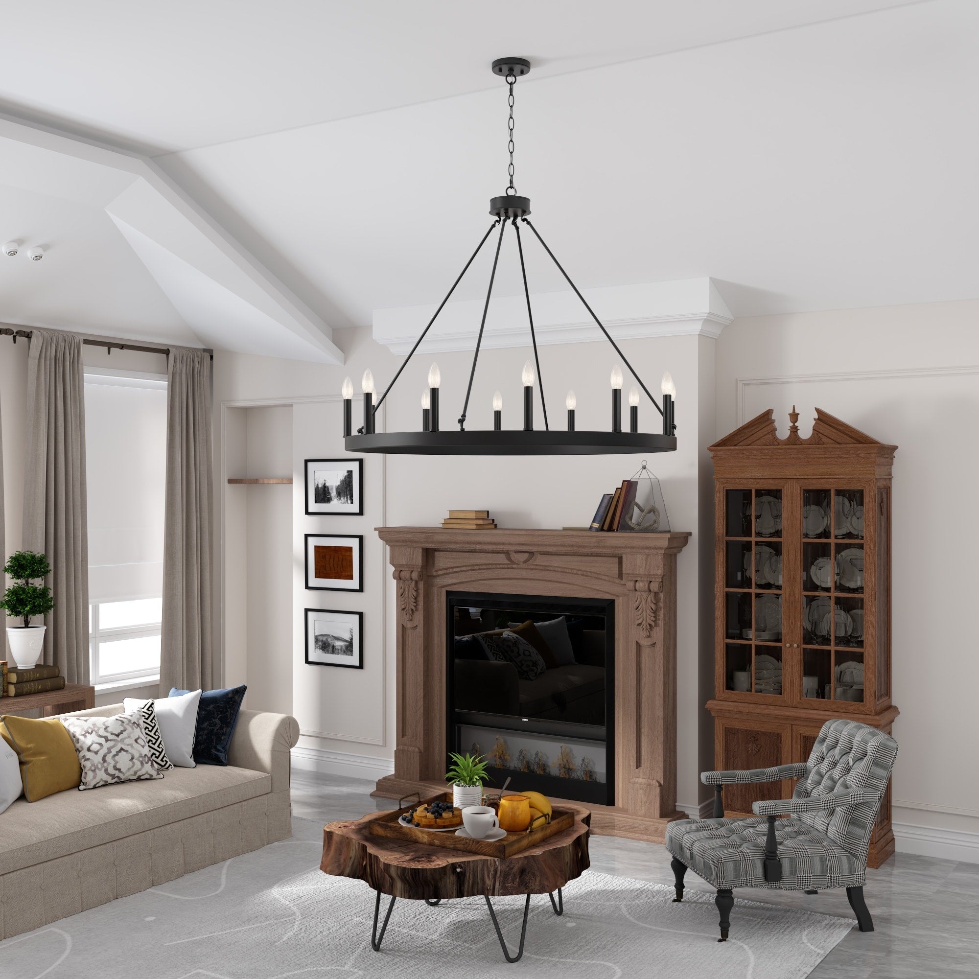 Lustre Acroma Farmhouse à 12 lumières, 40 po, en forme de roue de chariot, certifié UL - 40 po P x 138 po H