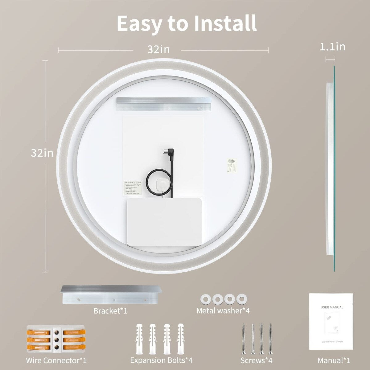 Miroir de courtoisie rond sans cadre, antibuée, éclairé par LED et à intensité variable