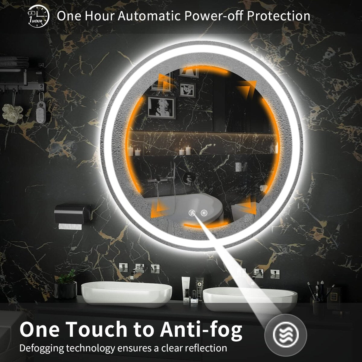 Miroir de courtoisie rond sans cadre, antibuée, éclairé par LED et à intensité variable