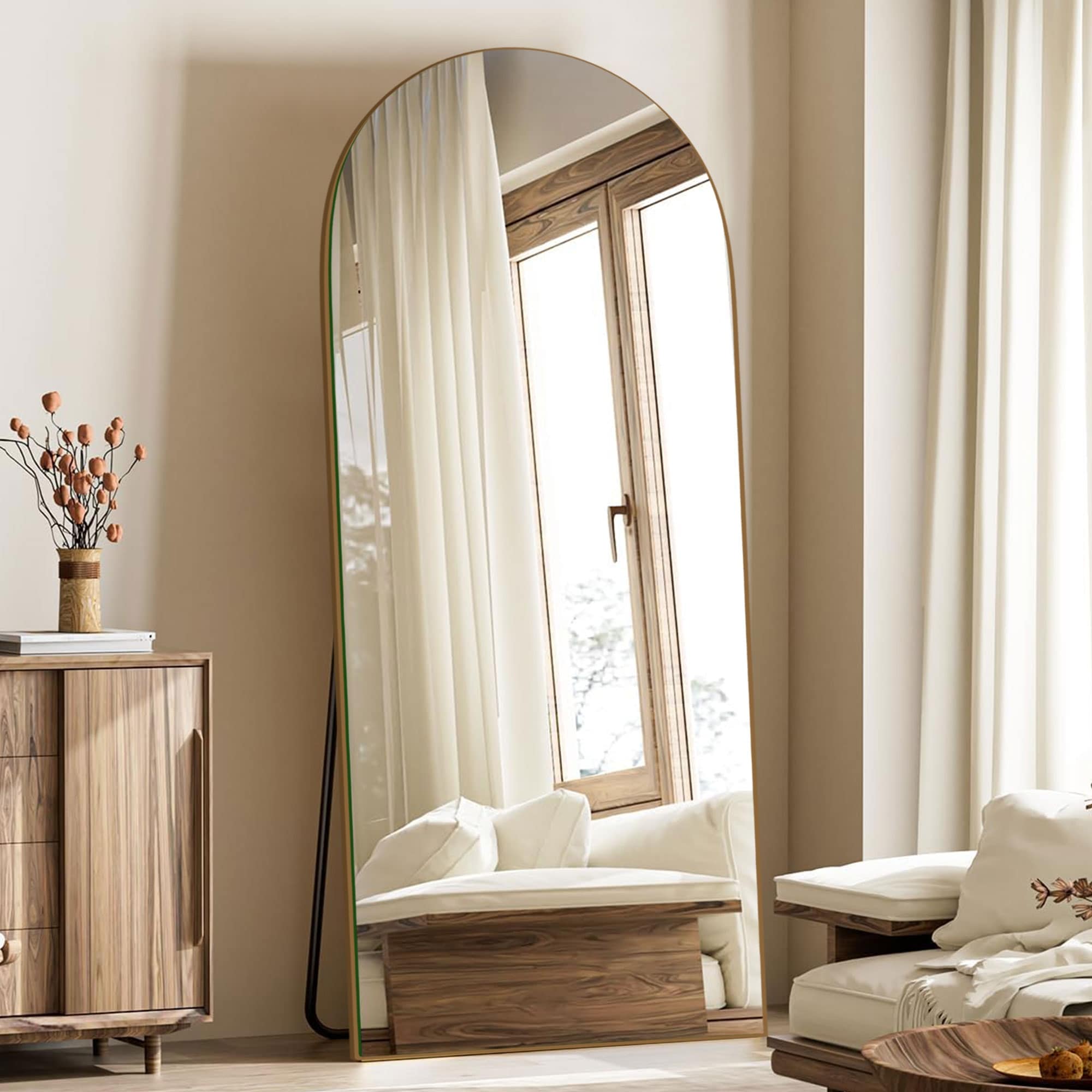 Miroir de sol en bois arqué pleine longueur, miroir mural