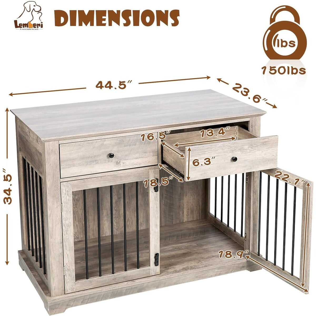 Cage pour chien Bossin de 111 cm de large, table d'appoint en bois avec tiroirs de rangement, niche décorative pour animaux de compagnie.