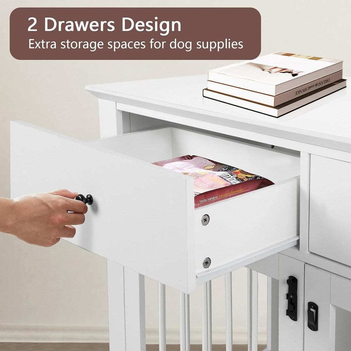 Cage pour chien Bossin de 111 cm de large, table d'appoint en bois avec tiroirs de rangement, niche décorative pour animaux de compagnie.