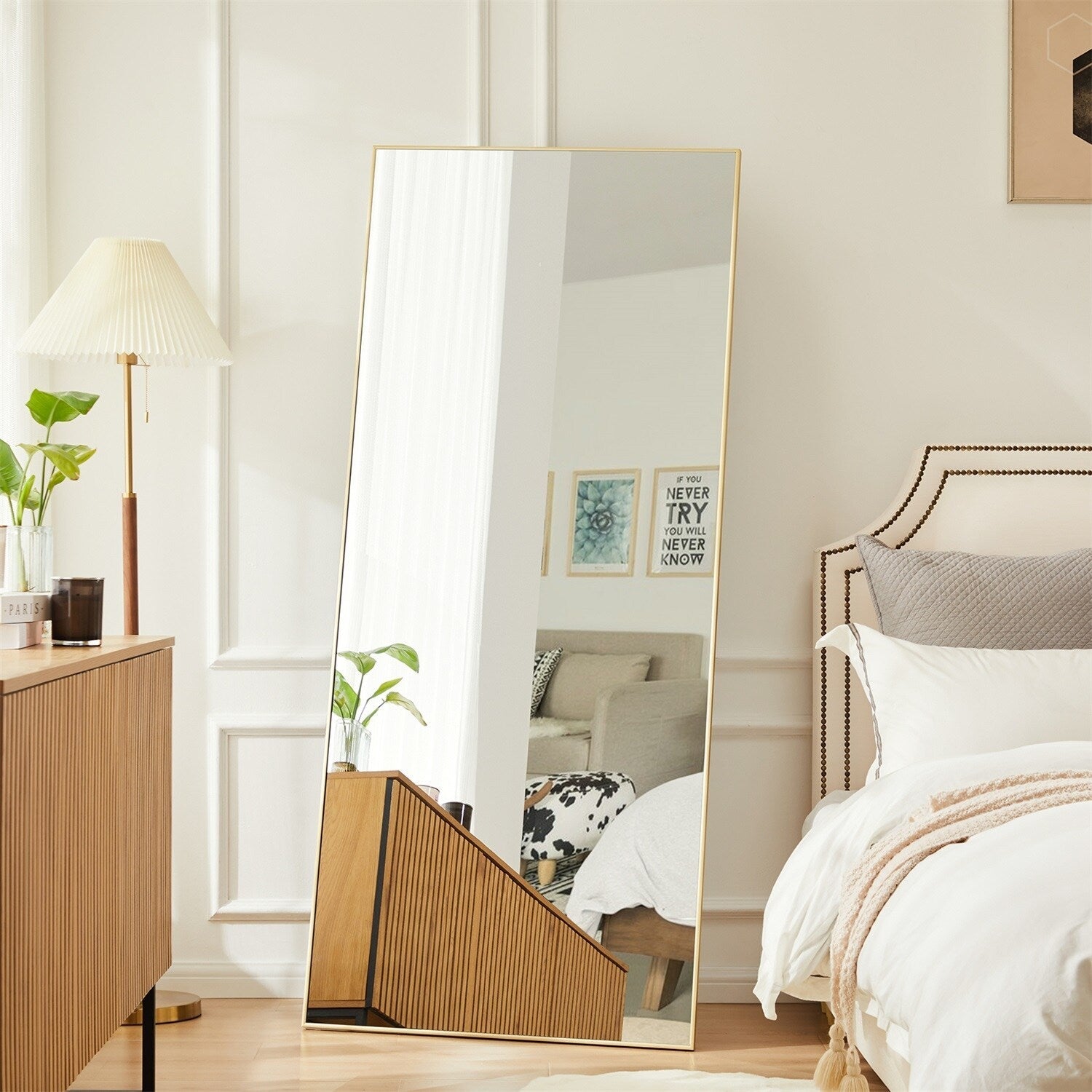 Miroir pleine longueur avec support, miroir de sol avec cadre en alliage d'aluminium pour chambre à coucher, miroir mural sur pied pour vestiaire