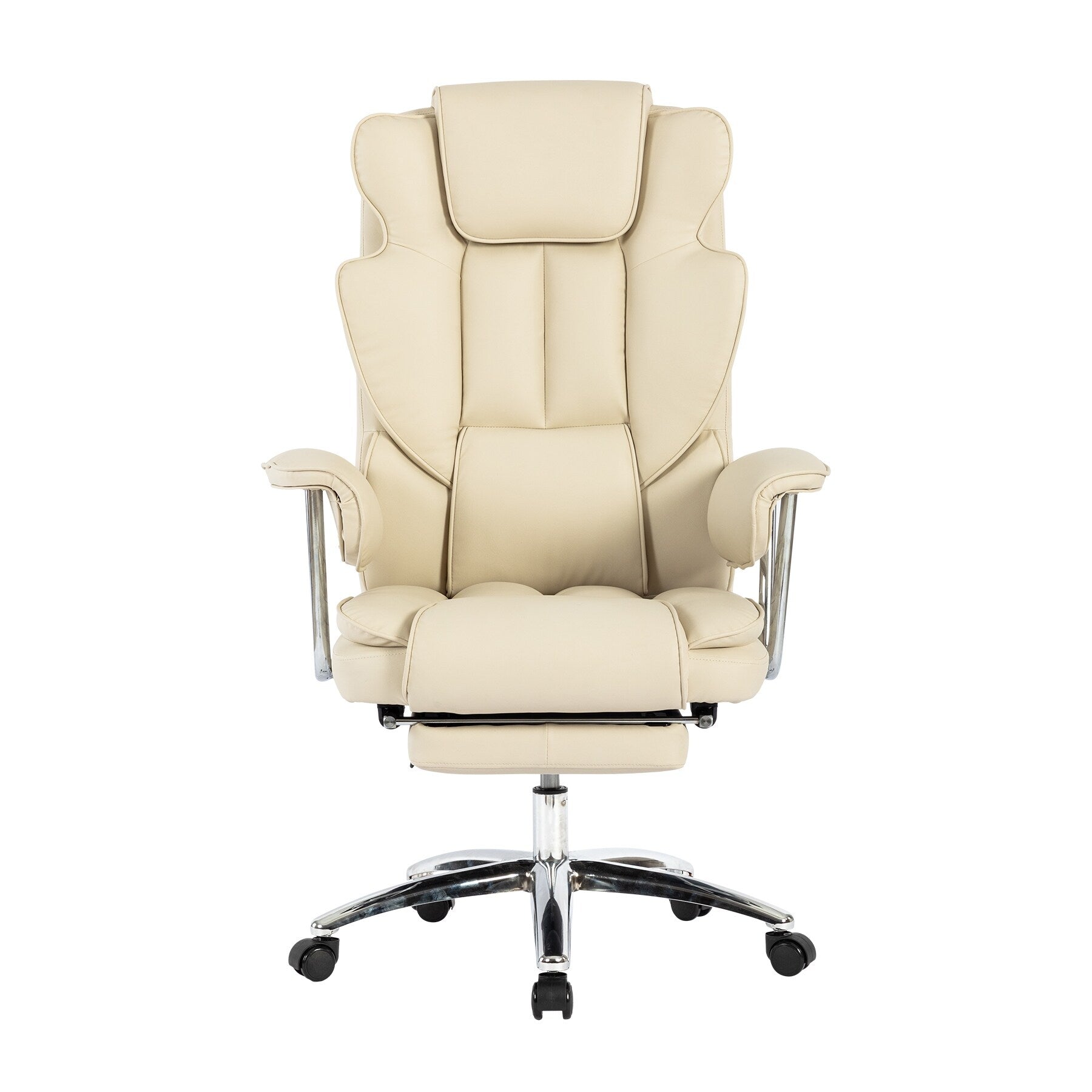 Fauteuil de bureau inclinable ergonomique pivotant à 360° en cuir reconstitué beige avec dossier haut et support lombaire, repose-pieds et hauteur réglable