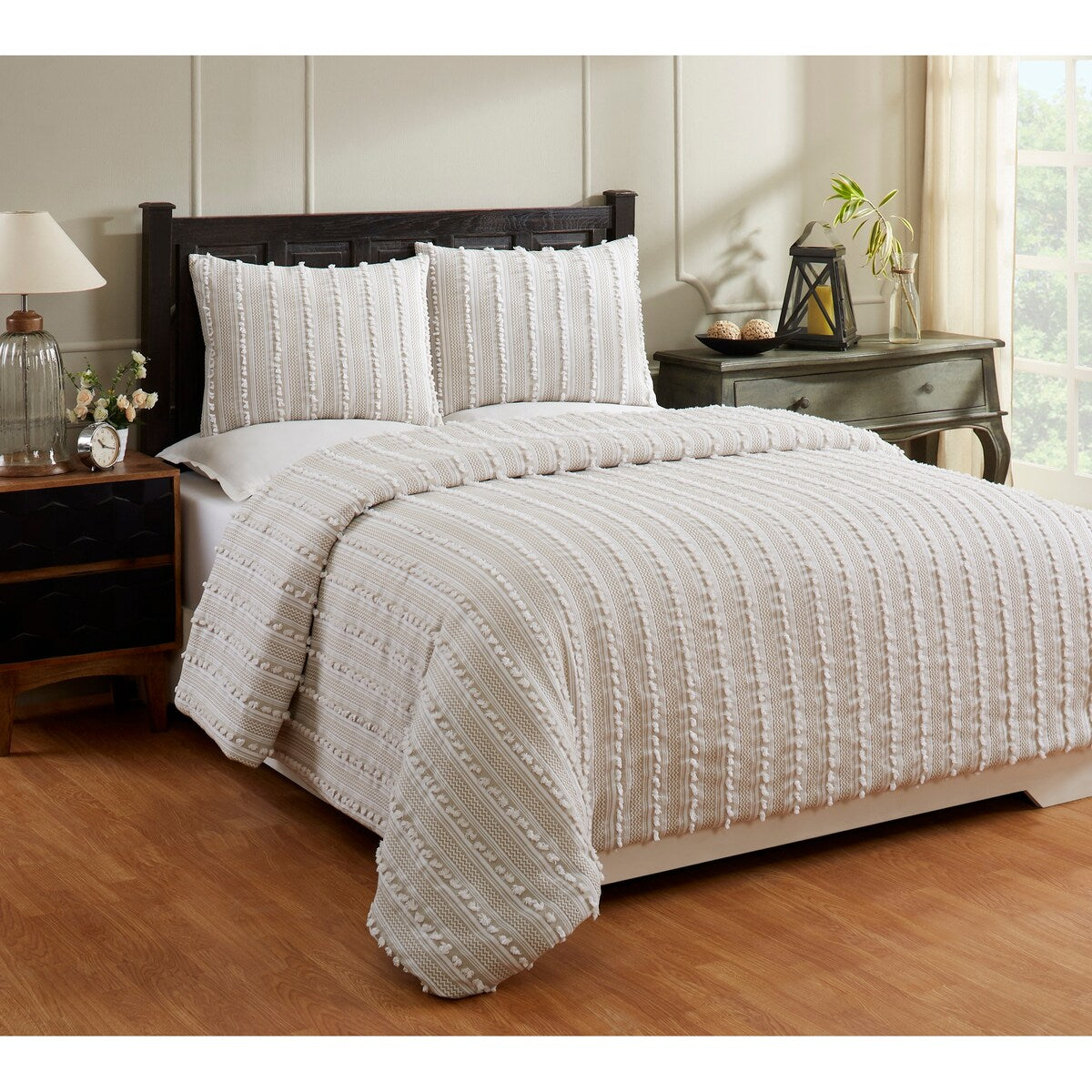Parure de couette Angelique Better Trends 100 % coton touffeté doux en peluche chenille élégante à rayures lavable en machine et sèche-linge
