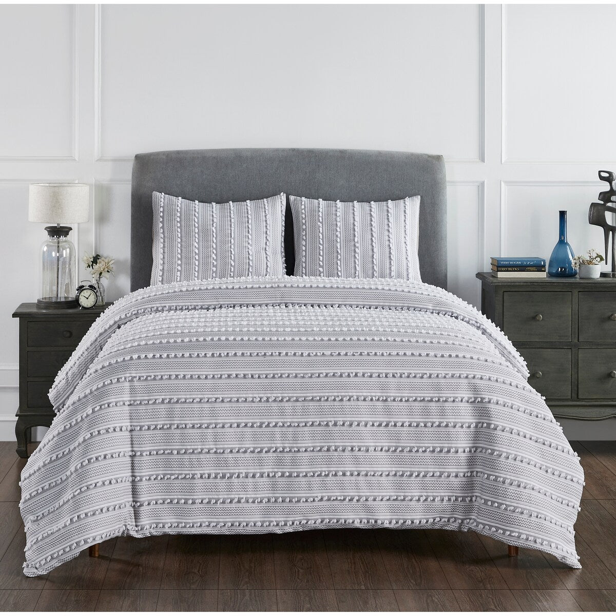 Parure de couette Angelique Better Trends 100 % coton touffeté doux en peluche chenille élégante à rayures lavable en machine et sèche-linge