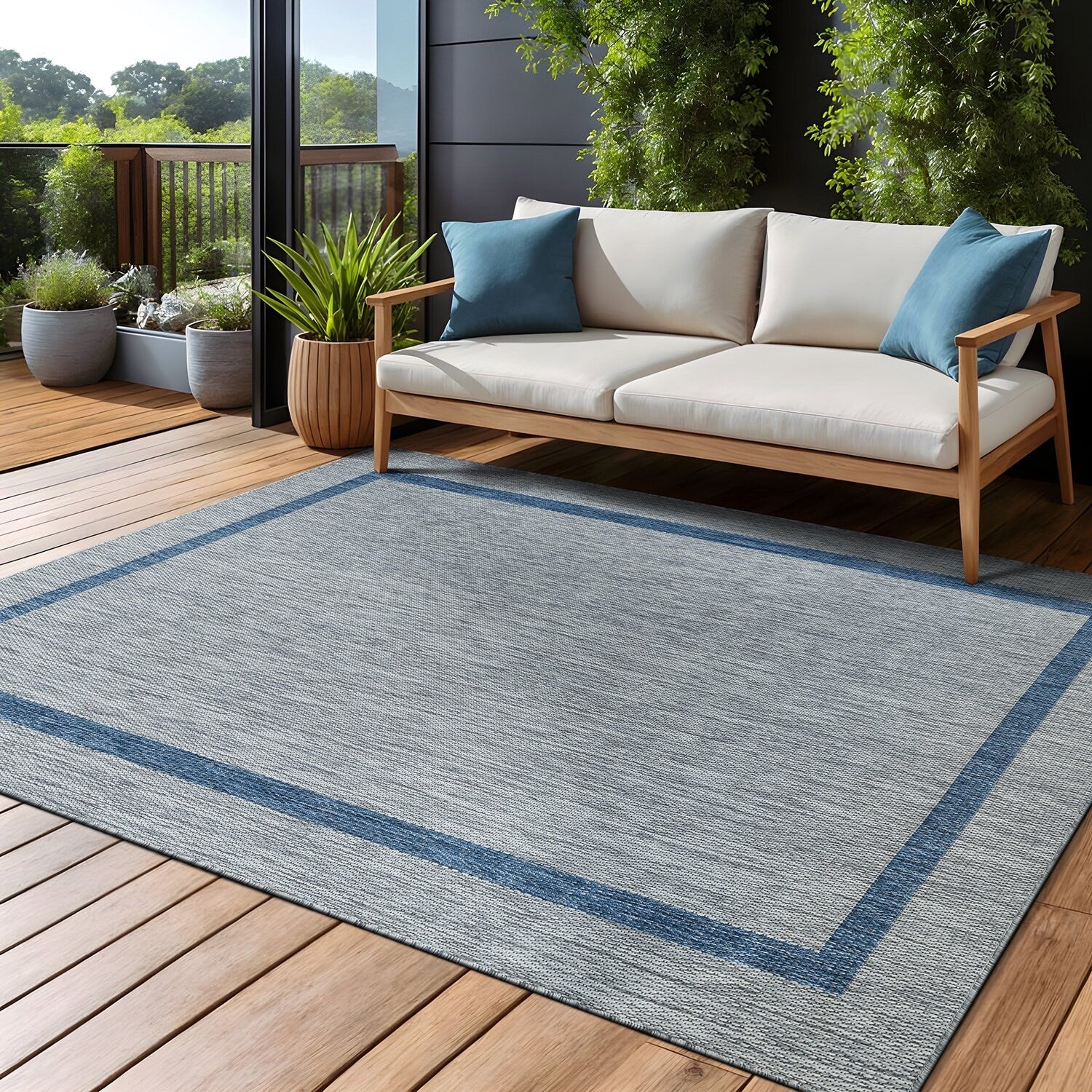 Tapis d'intérieur/extérieur moderne à bordures Beverly Rug, moquette d'extérieur pour patio, terrasse, porche