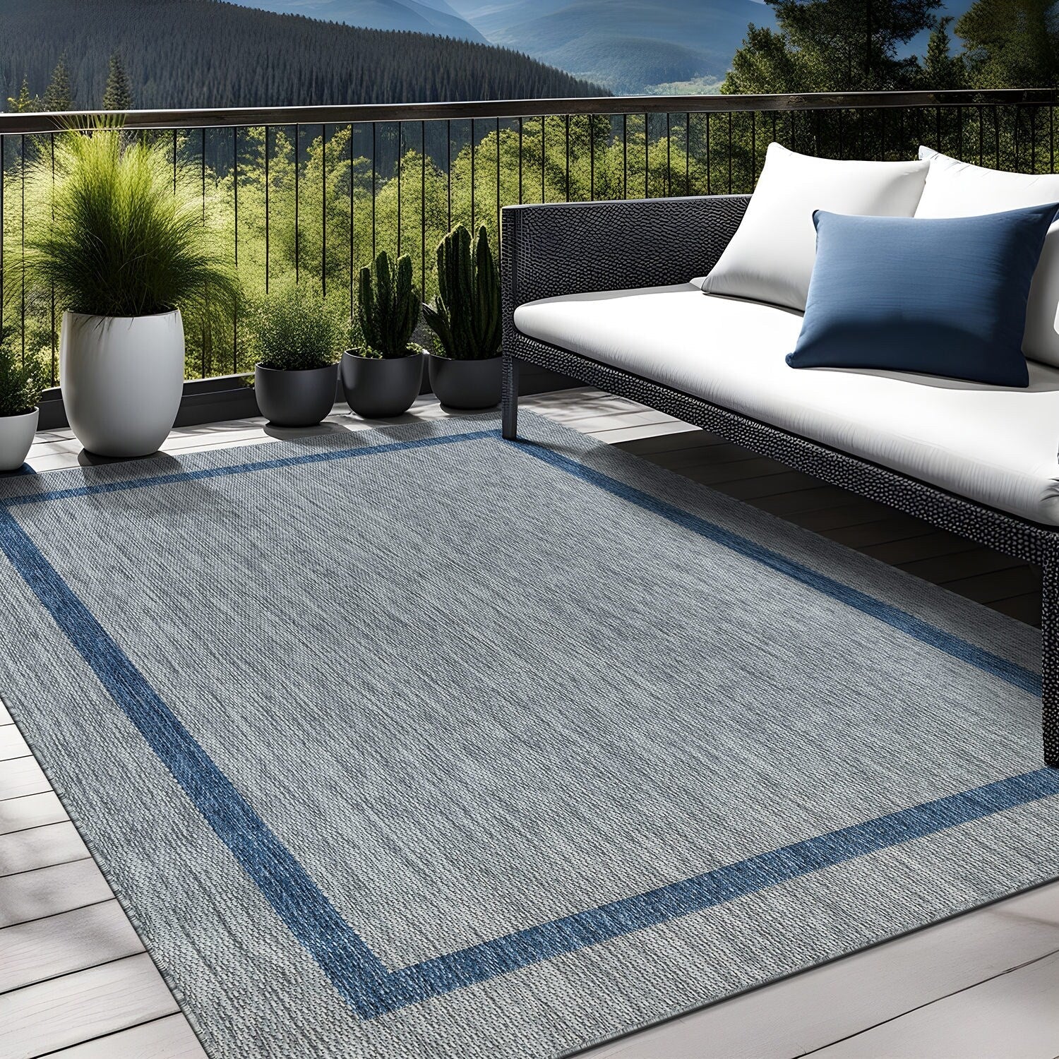Tapis d'intérieur/extérieur moderne à bordures Beverly Rug, moquette d'extérieur pour patio, terrasse, porche