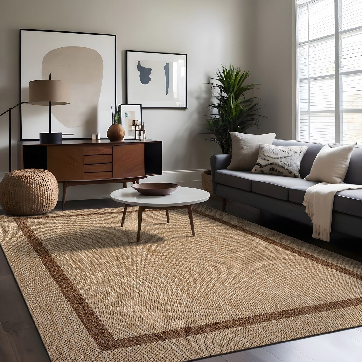 Tapis d'intérieur/extérieur moderne à bordures Beverly Rug, moquette d'extérieur pour patio, terrasse, porche