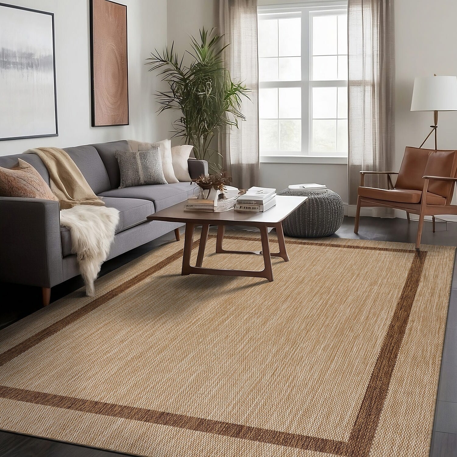 Tapis d'intérieur/extérieur moderne à bordures Beverly Rug, moquette d'extérieur pour patio, terrasse, porche