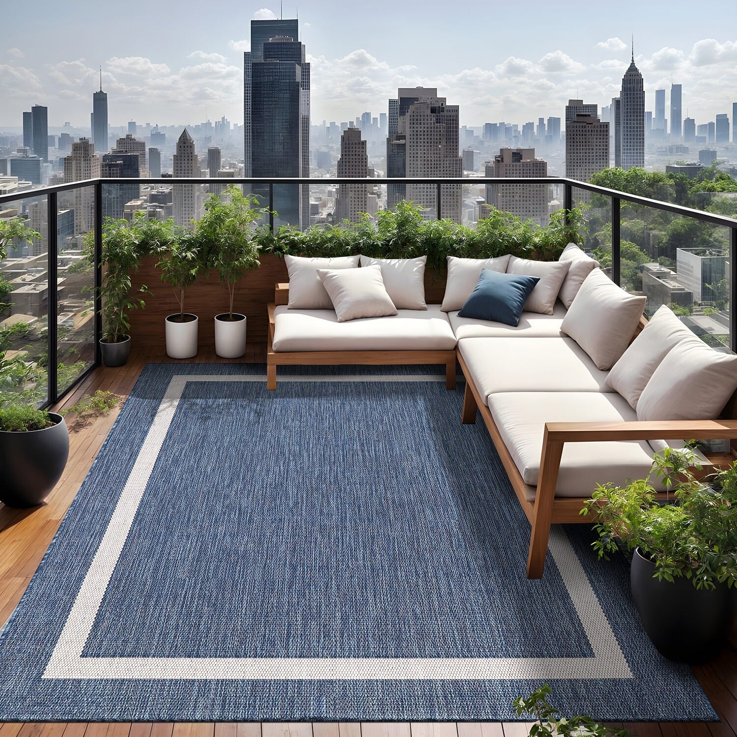 Tapis d'intérieur/extérieur moderne à bordures Beverly Rug, moquette d'extérieur pour patio, terrasse, porche