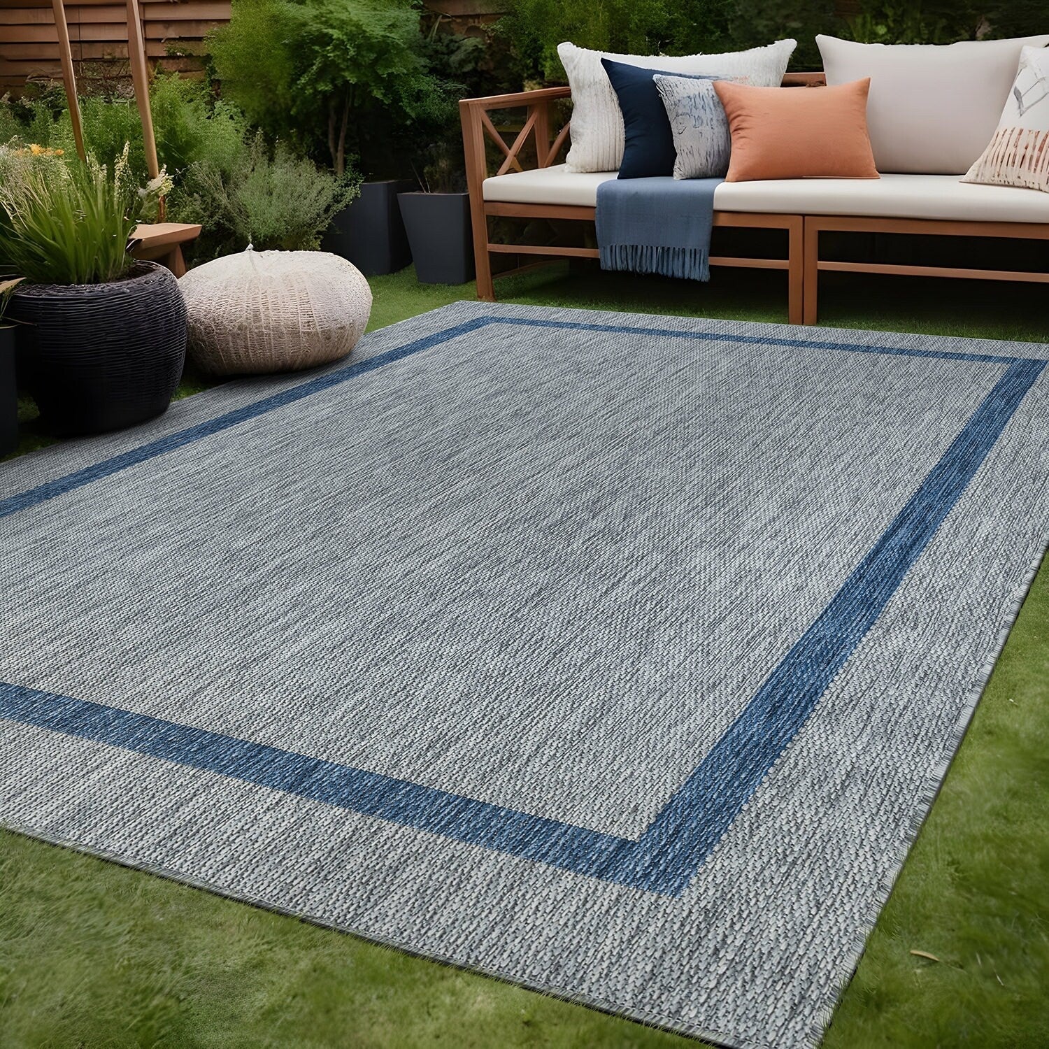 Tapis d'intérieur/extérieur moderne à bordures Beverly Rug, moquette d'extérieur pour patio, terrasse, porche