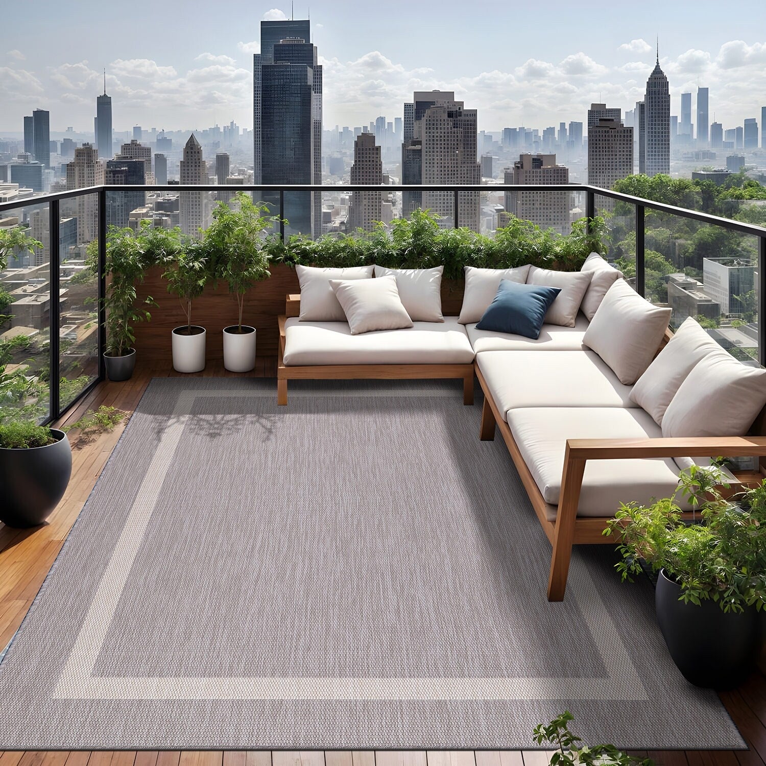 Tapis d'intérieur/extérieur moderne à bordures Beverly Rug, moquette d'extérieur pour patio, terrasse, porche