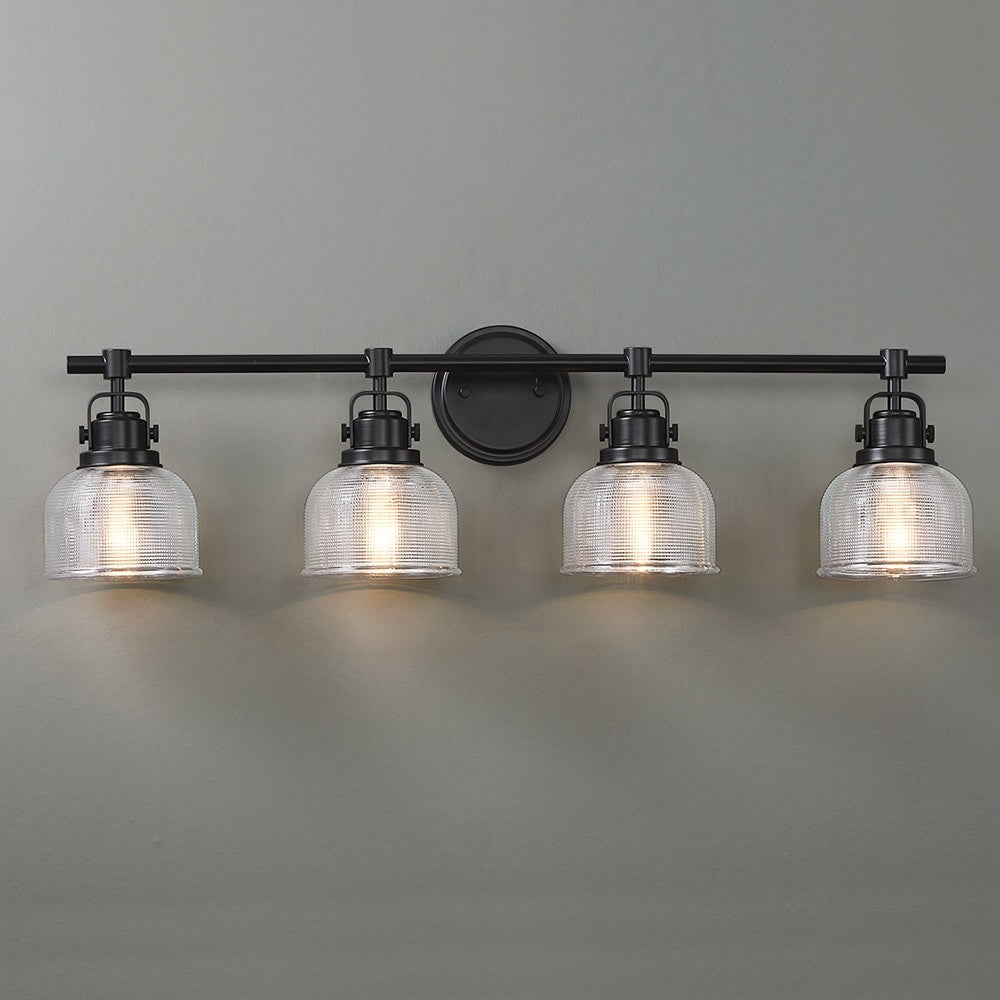 Applique murale de salle de bain noire avec abat-jour en verre prismatique transparent