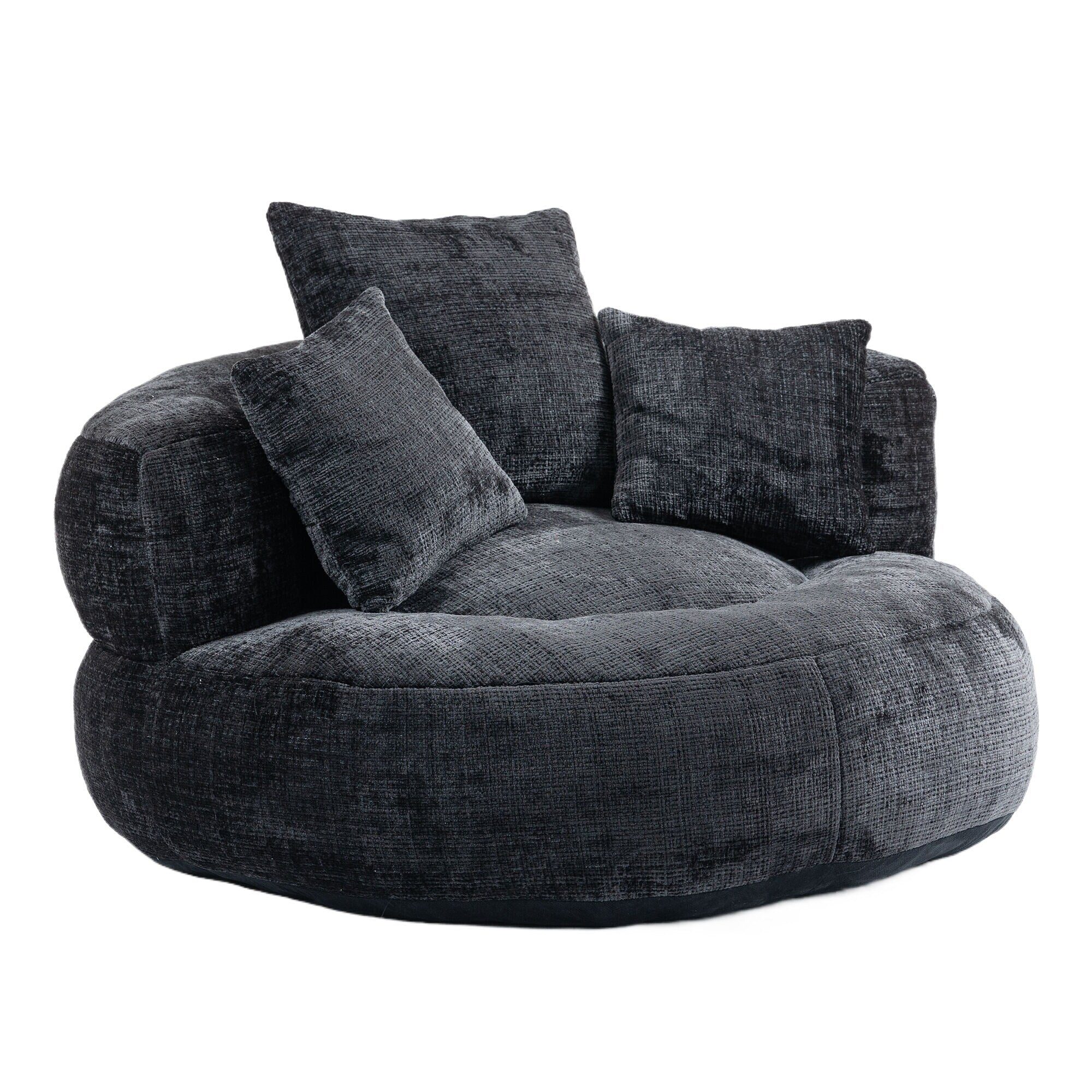 Pouf simple surdimensionné en chenille noir de 42,52 pouces avec trois oreillers pour chambre à coucher