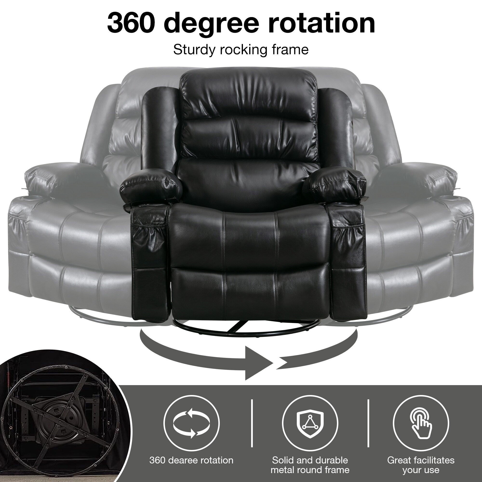 Fauteuil inclinable pivotant noir avec chauffage, massage et ports USB