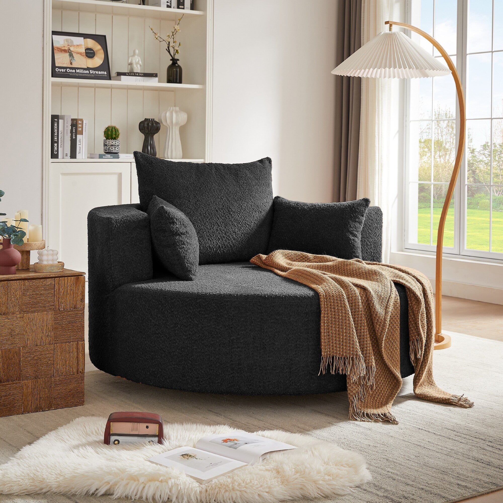 Fauteuil d'appoint en chenille, fauteuil rond avec base pivotante à 360 degrés et 3 coussins amovibles
