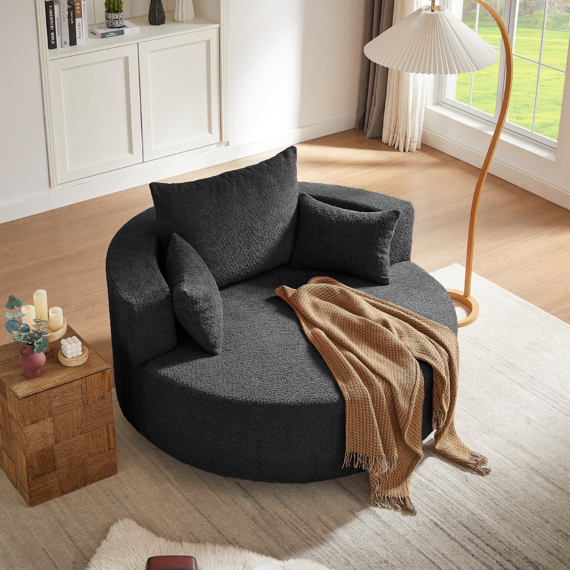Fauteuil d'appoint en chenille, fauteuil rond avec base pivotante à 360 degrés et 3 coussins amovibles