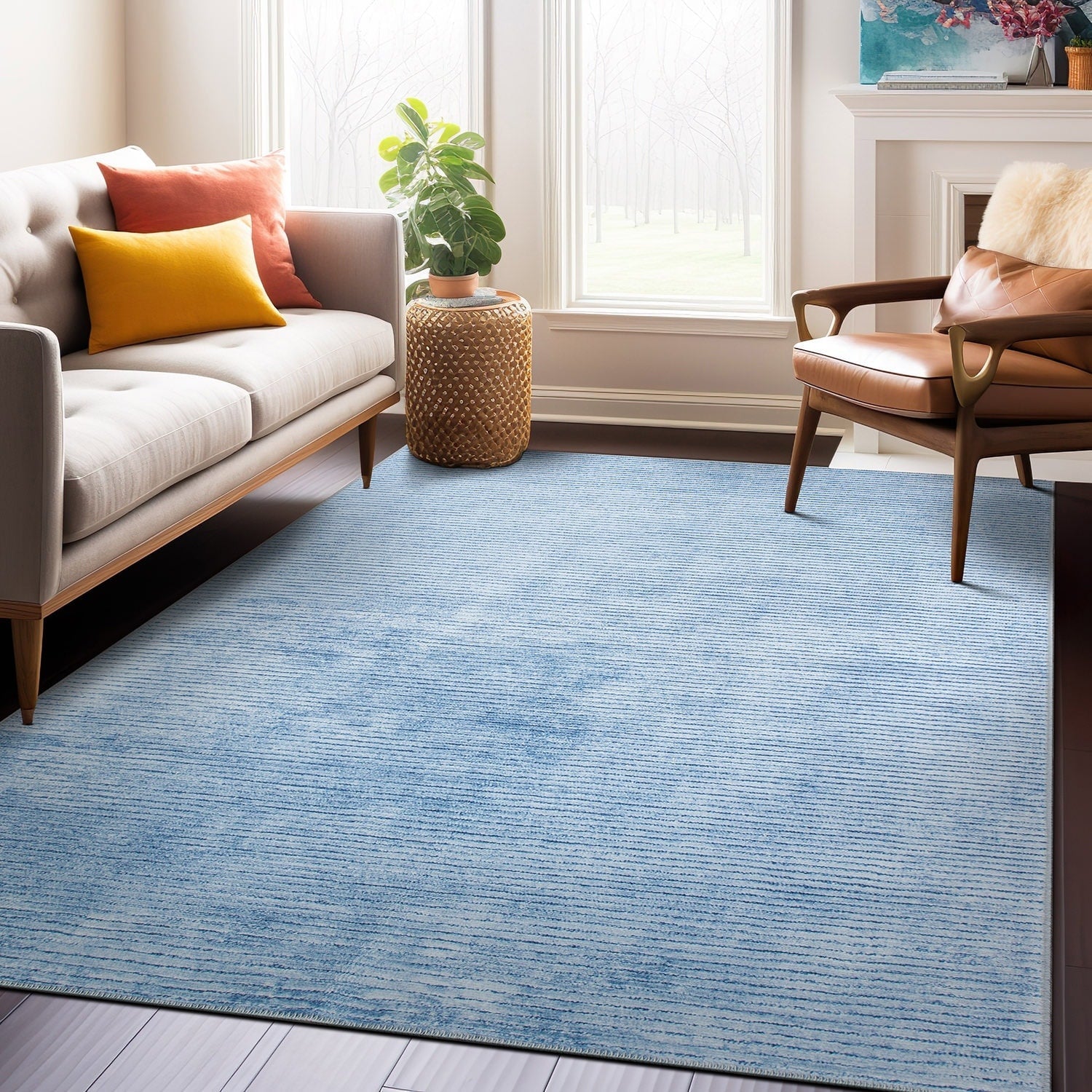 Tapis contemporain à rayures vieillies lavable en machine