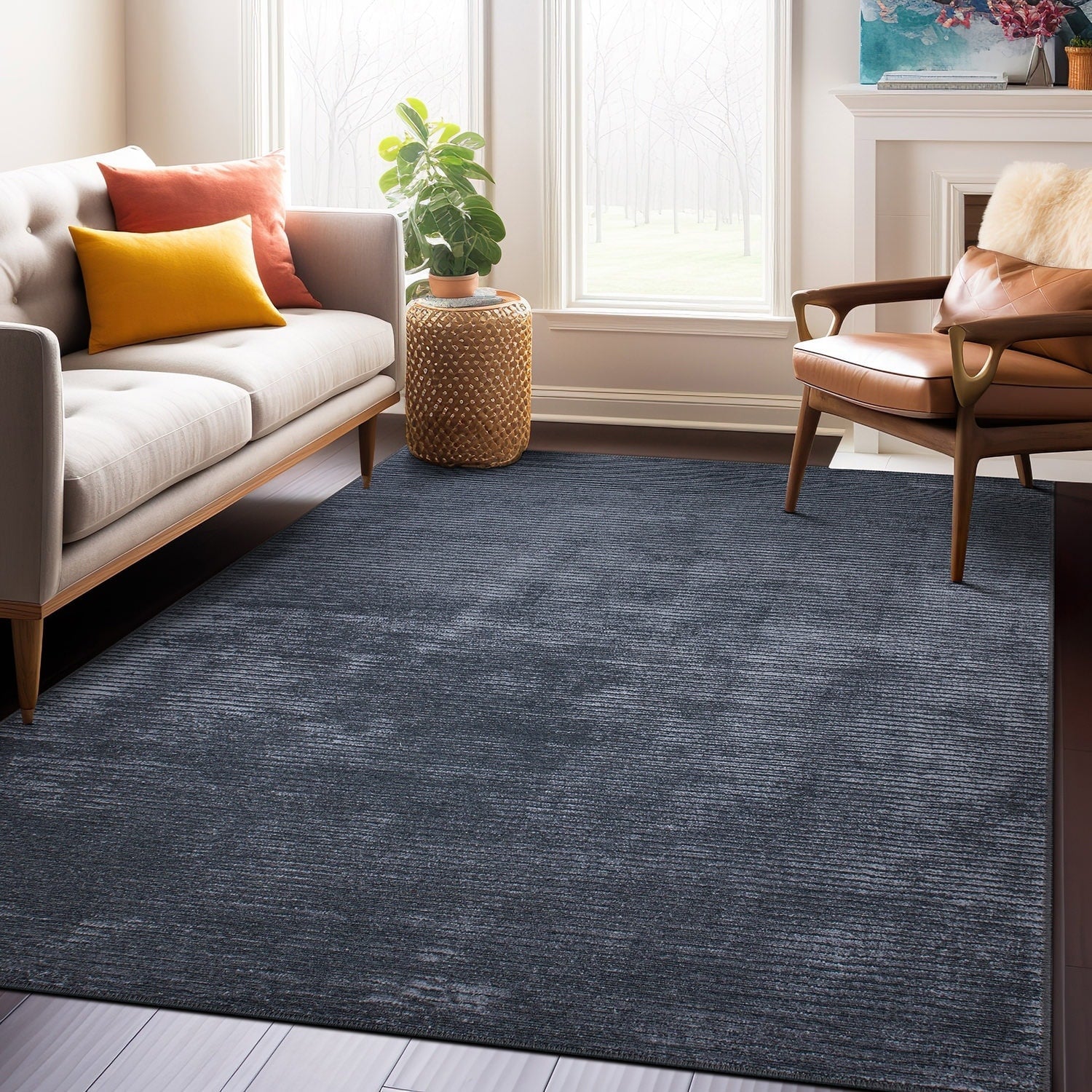 Tapis contemporain à rayures vieillies lavable en machine