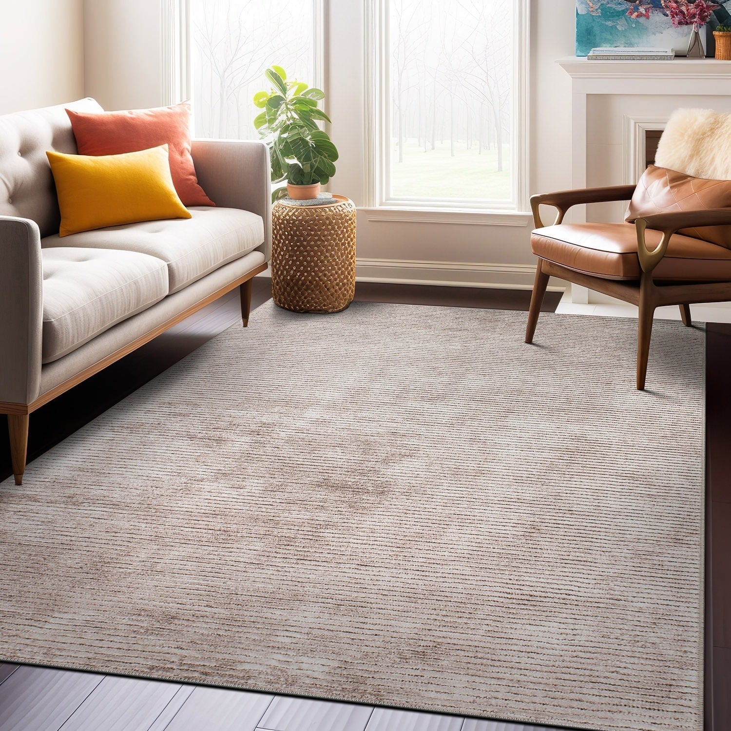 Tapis contemporain à rayures vieillies lavable en machine