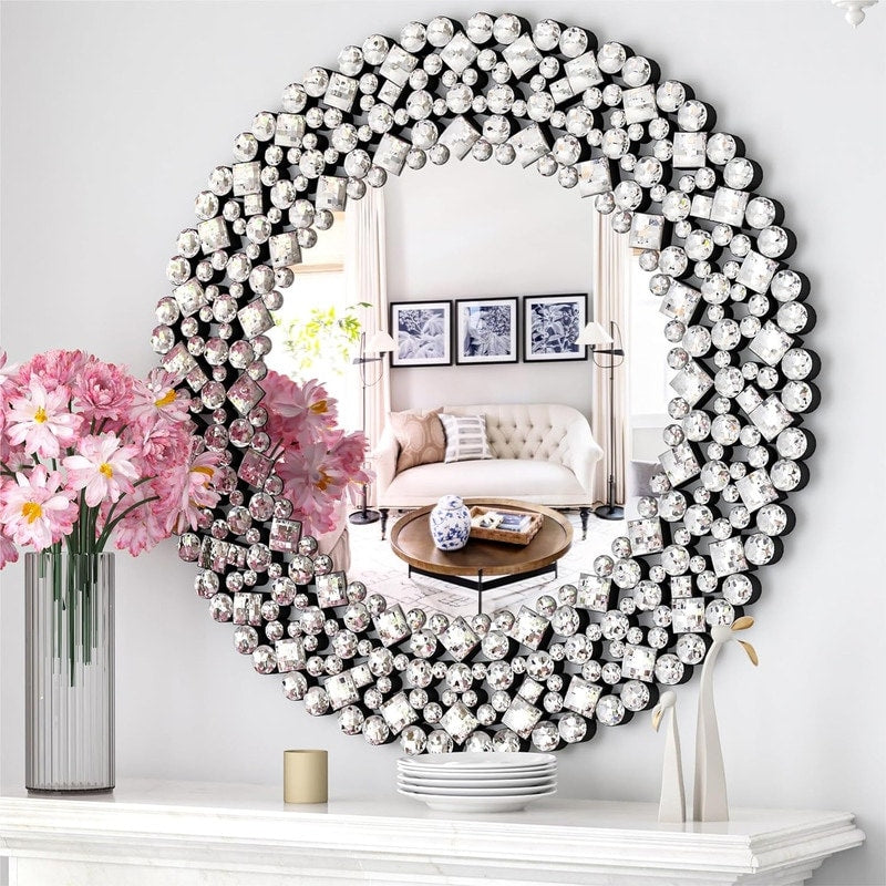 Miroir mural rond avec accents en cristal