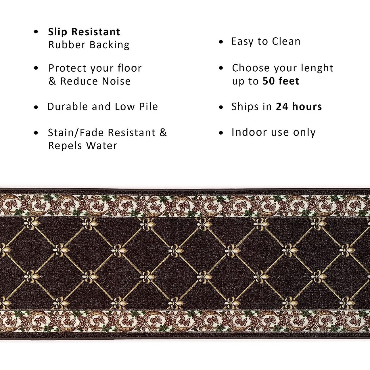 Tapis d'escalier antidérapant Fleur De Lis de 26 pouces de large, sur mesure