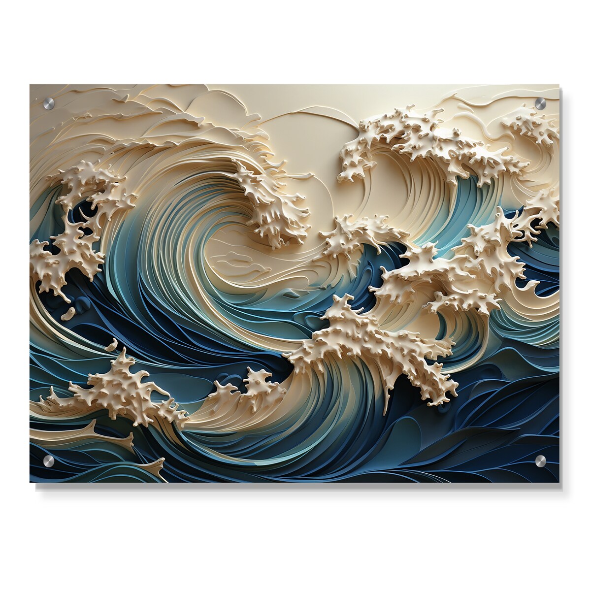 Décoration murale brillante Designart en papier découpé motif vagues blanches et bleues style III - Décoration murale en acrylique pour chambre à coucher