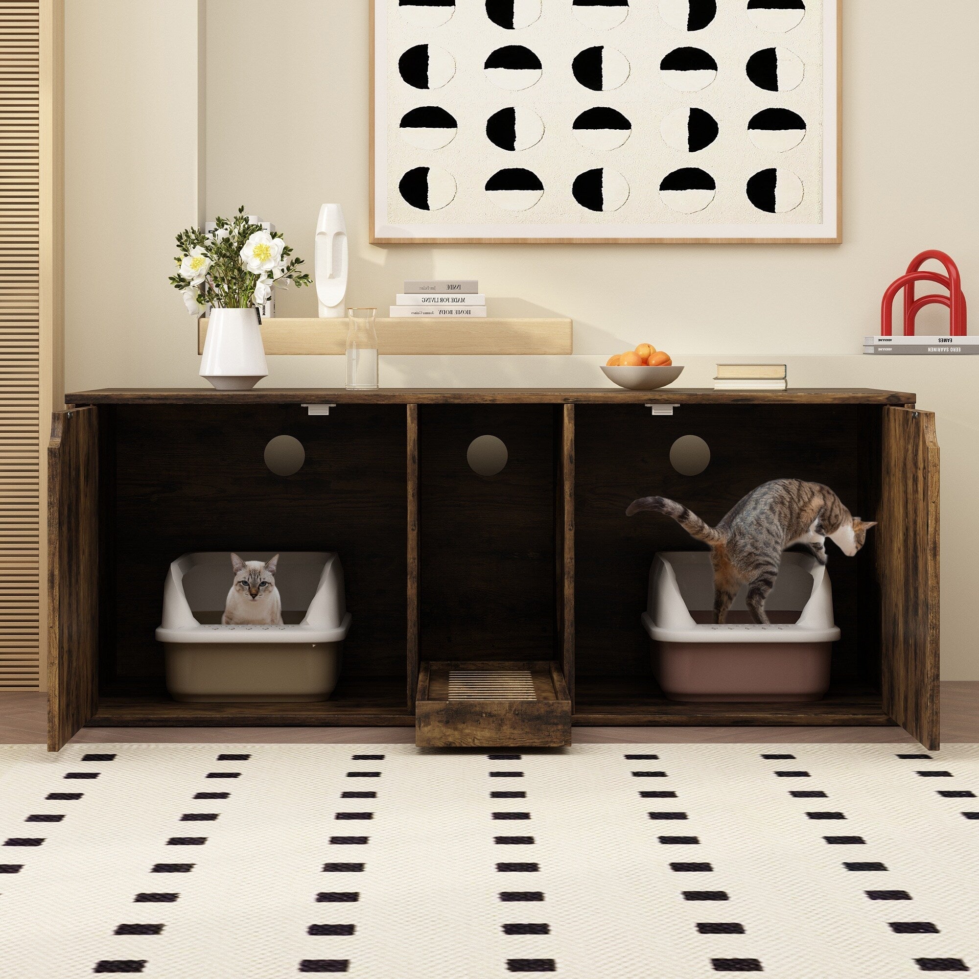 Bac à litière pour chat à deux compartiments, meuble multifonctionnel