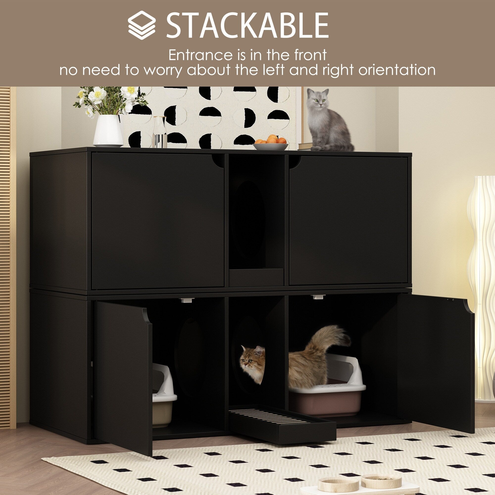 Bac à litière pour chat à deux compartiments, meuble multifonctionnel